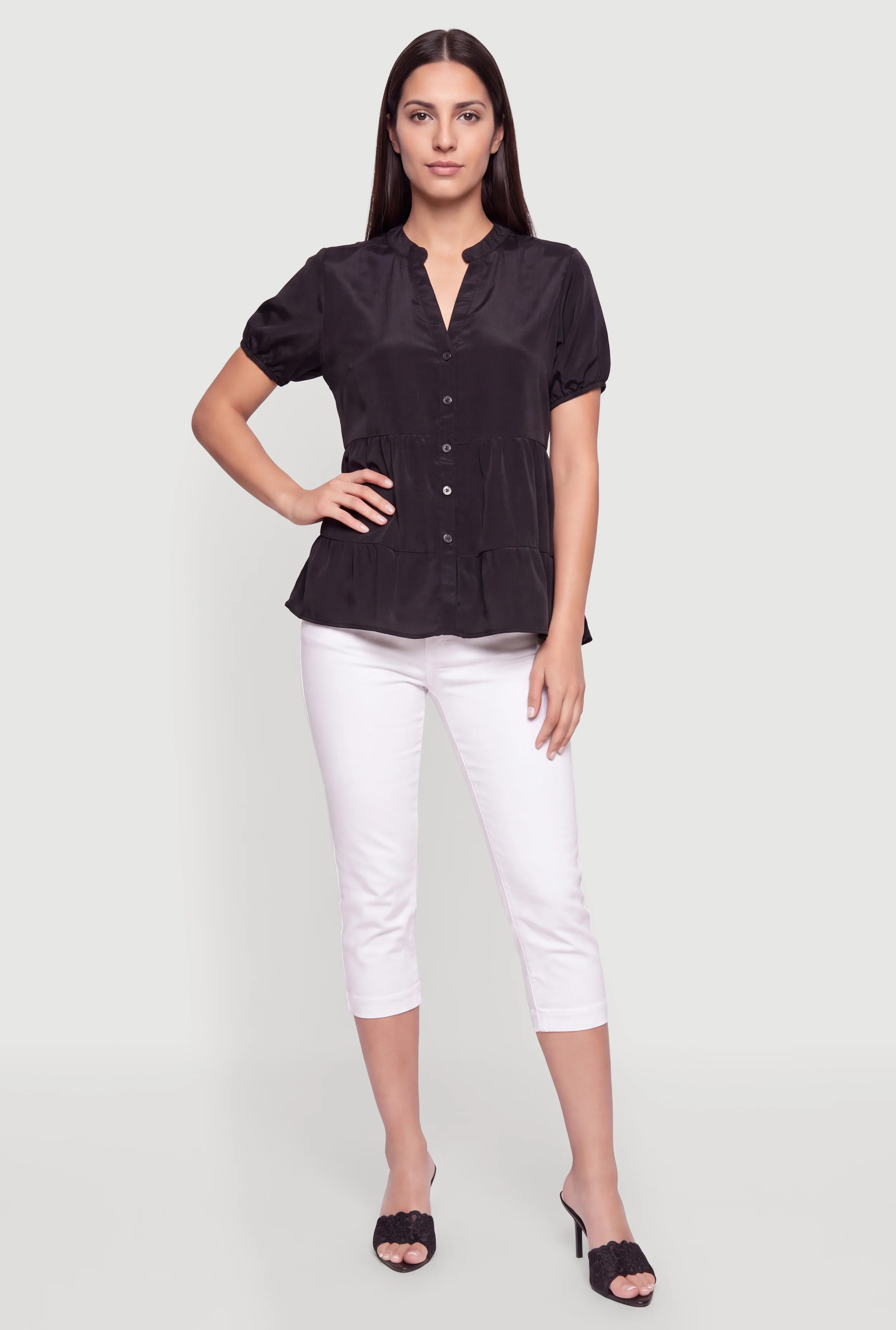 Notch Neck Tiered Button Front Top