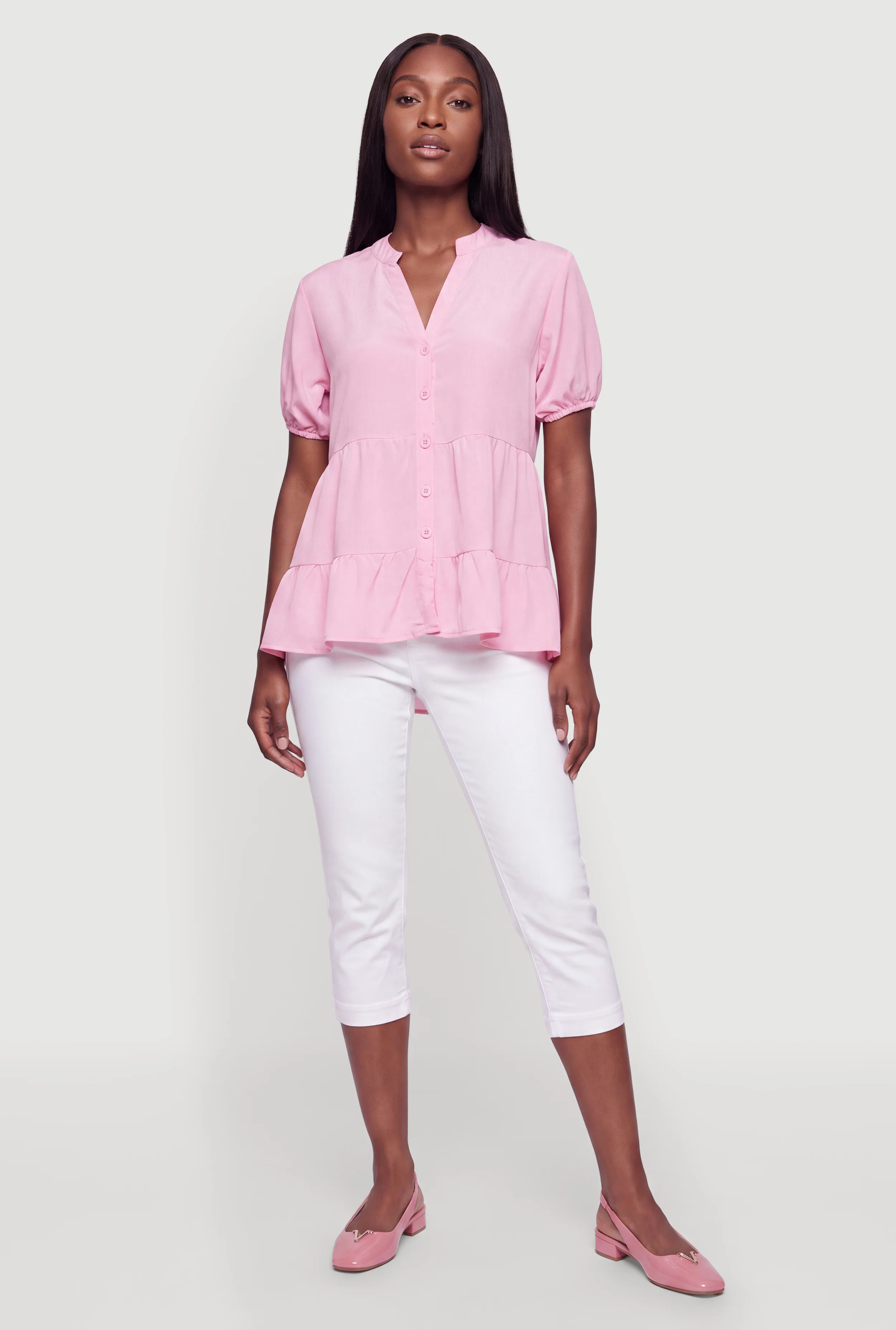 Notch Neck Tiered Button Front Top