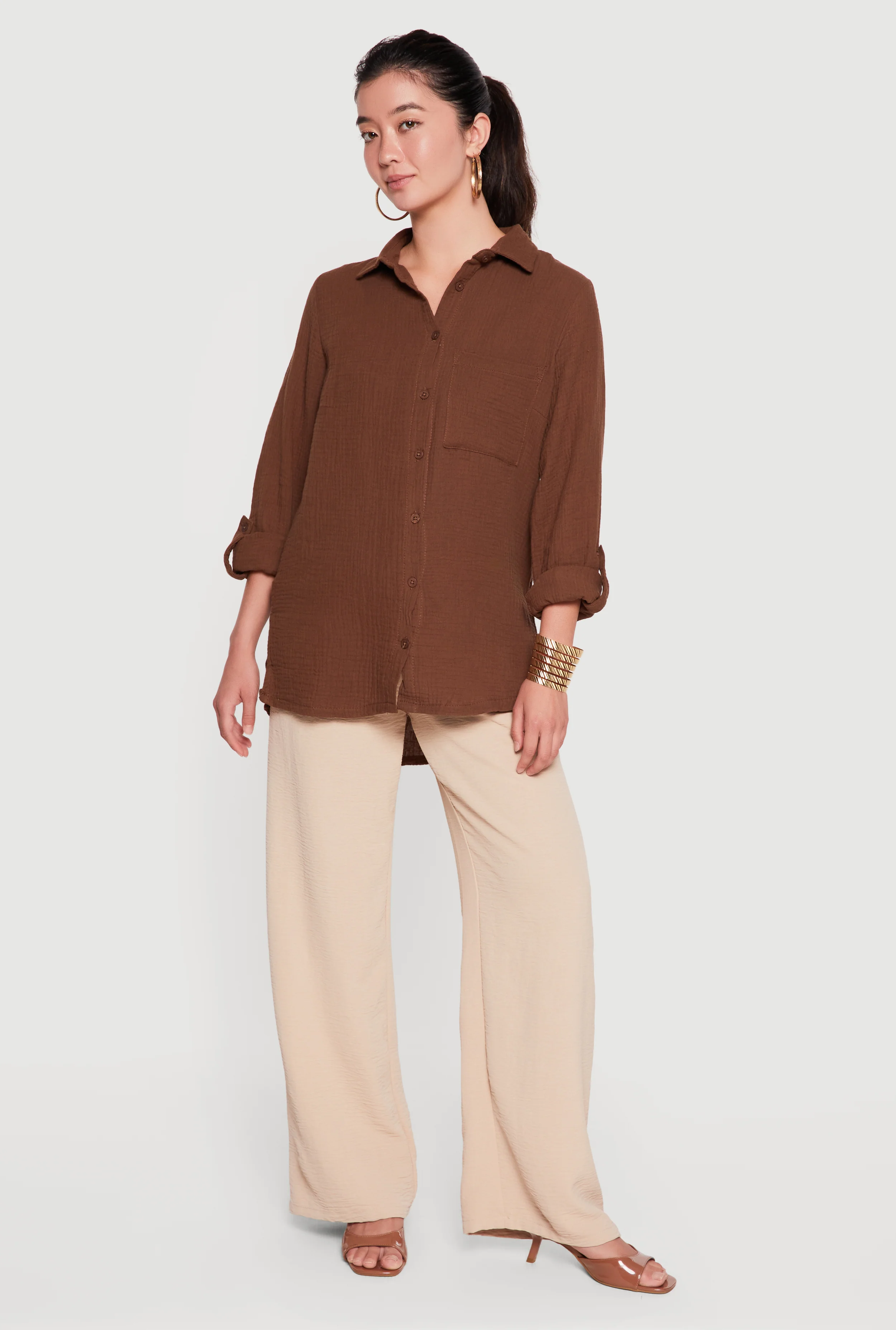 Tabbed Long Sleeve Button Front Tunic Shirt