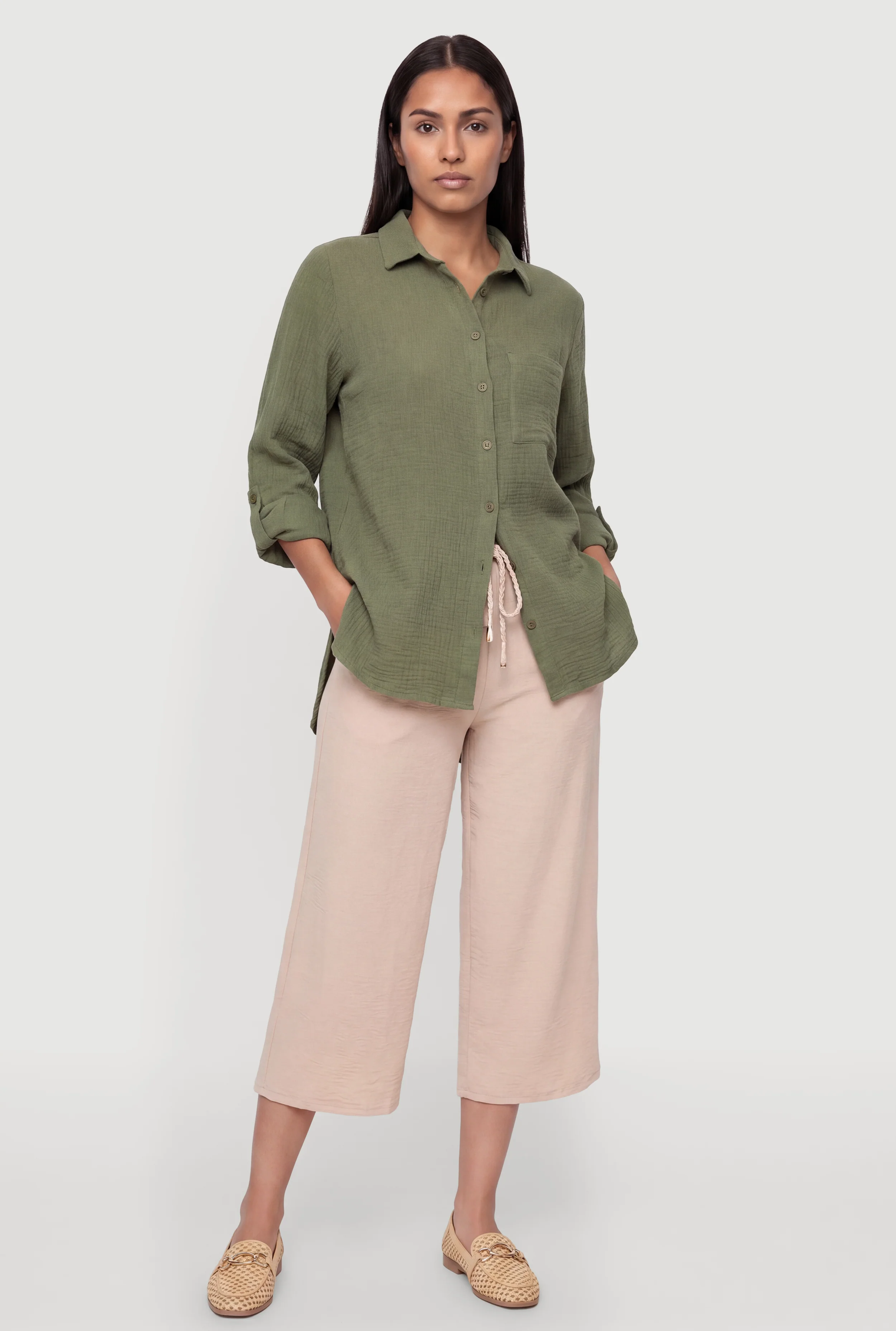 Tabbed Long Sleeve Button Front Tunic Shirt
