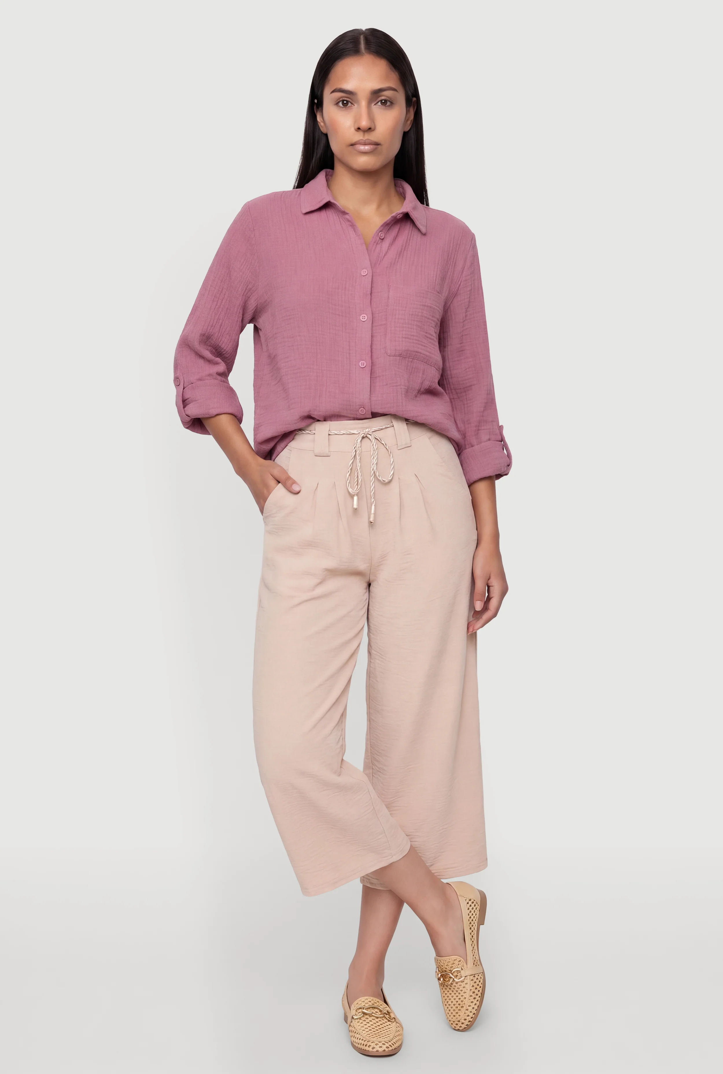 Tabbed Long Sleeve Button Front Tunic Shirt