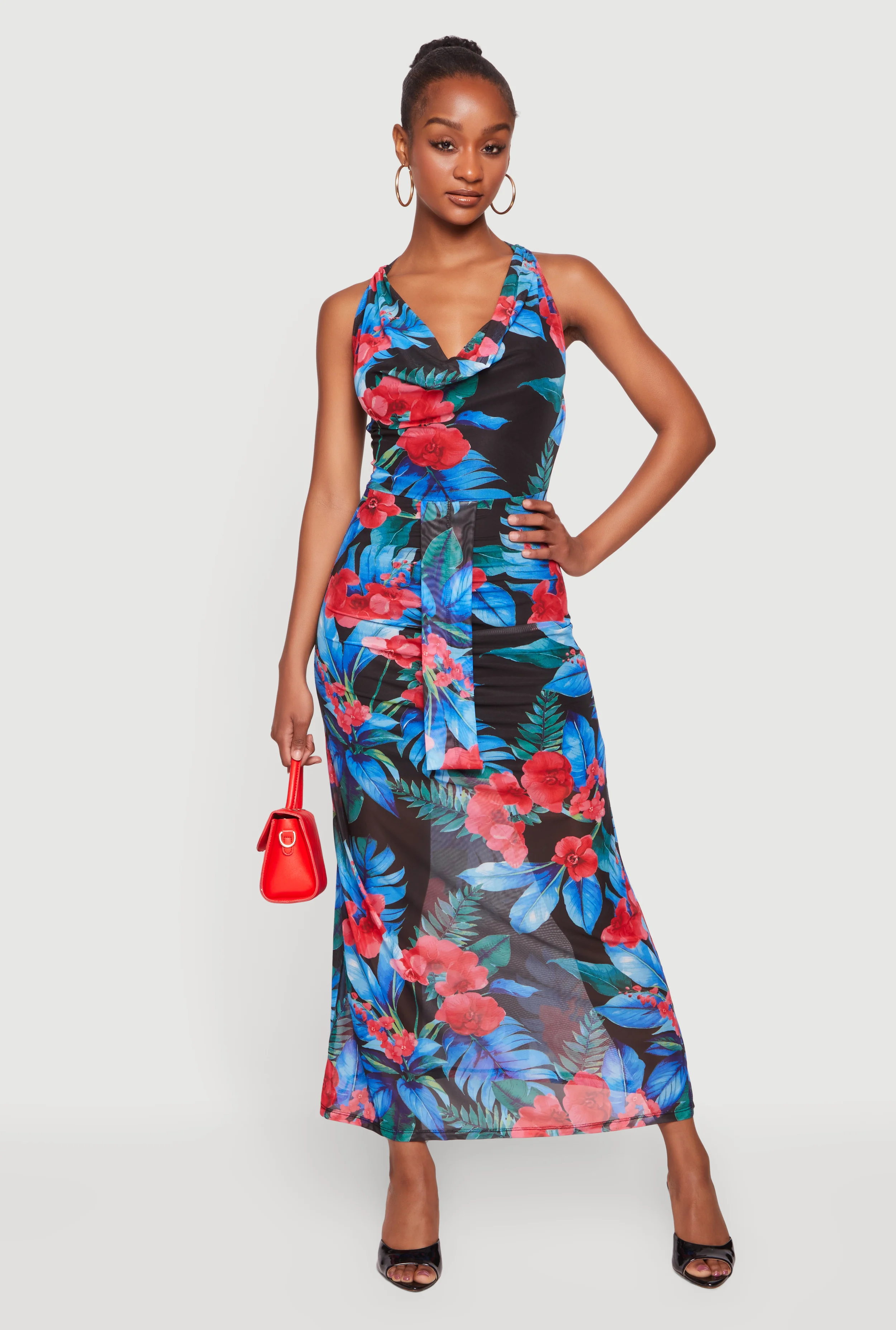 Floral Print Mesh Tie Back Cowl Halter Neck Maxi Dress