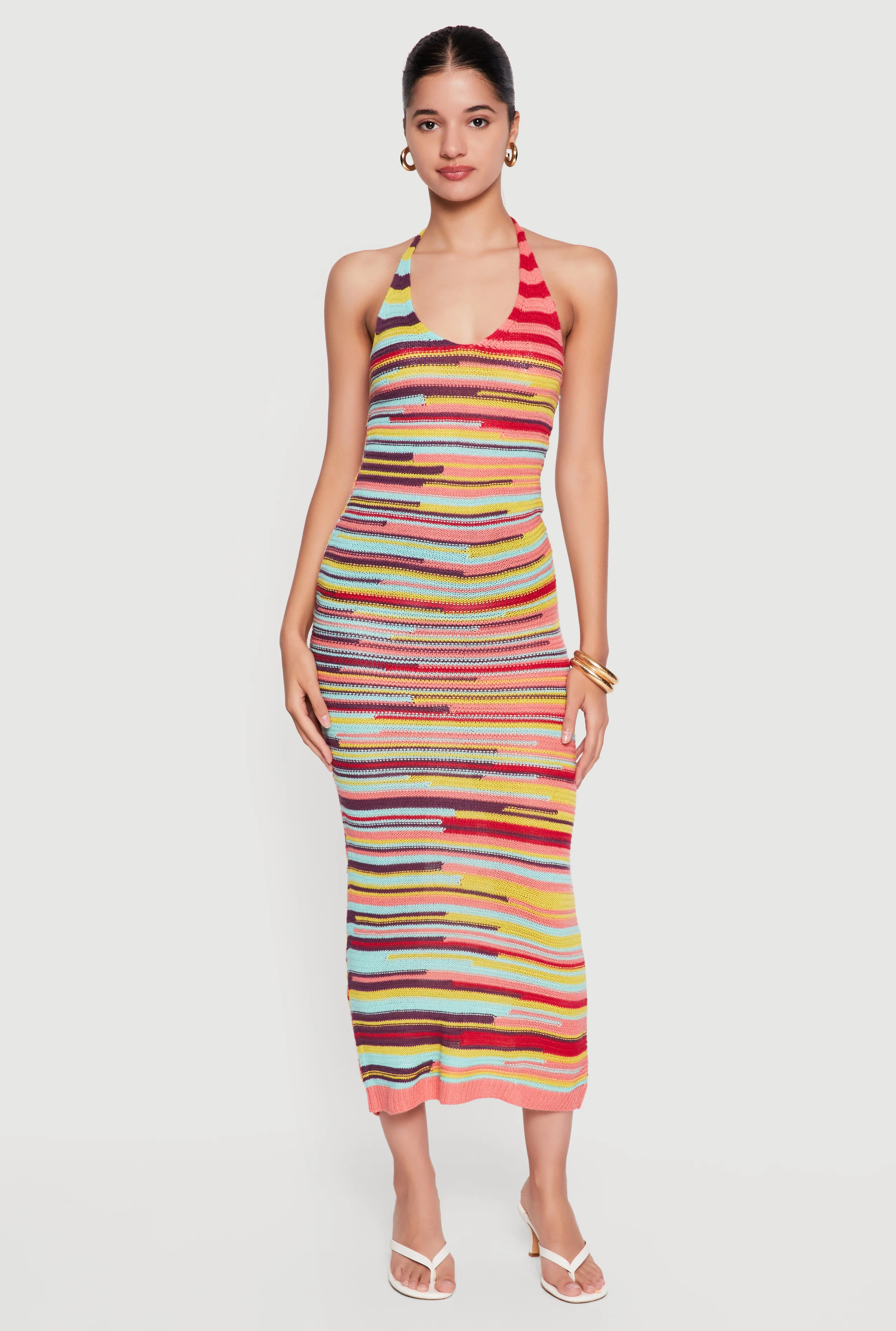 Striped Tie Back Halter Neck Midi Dress