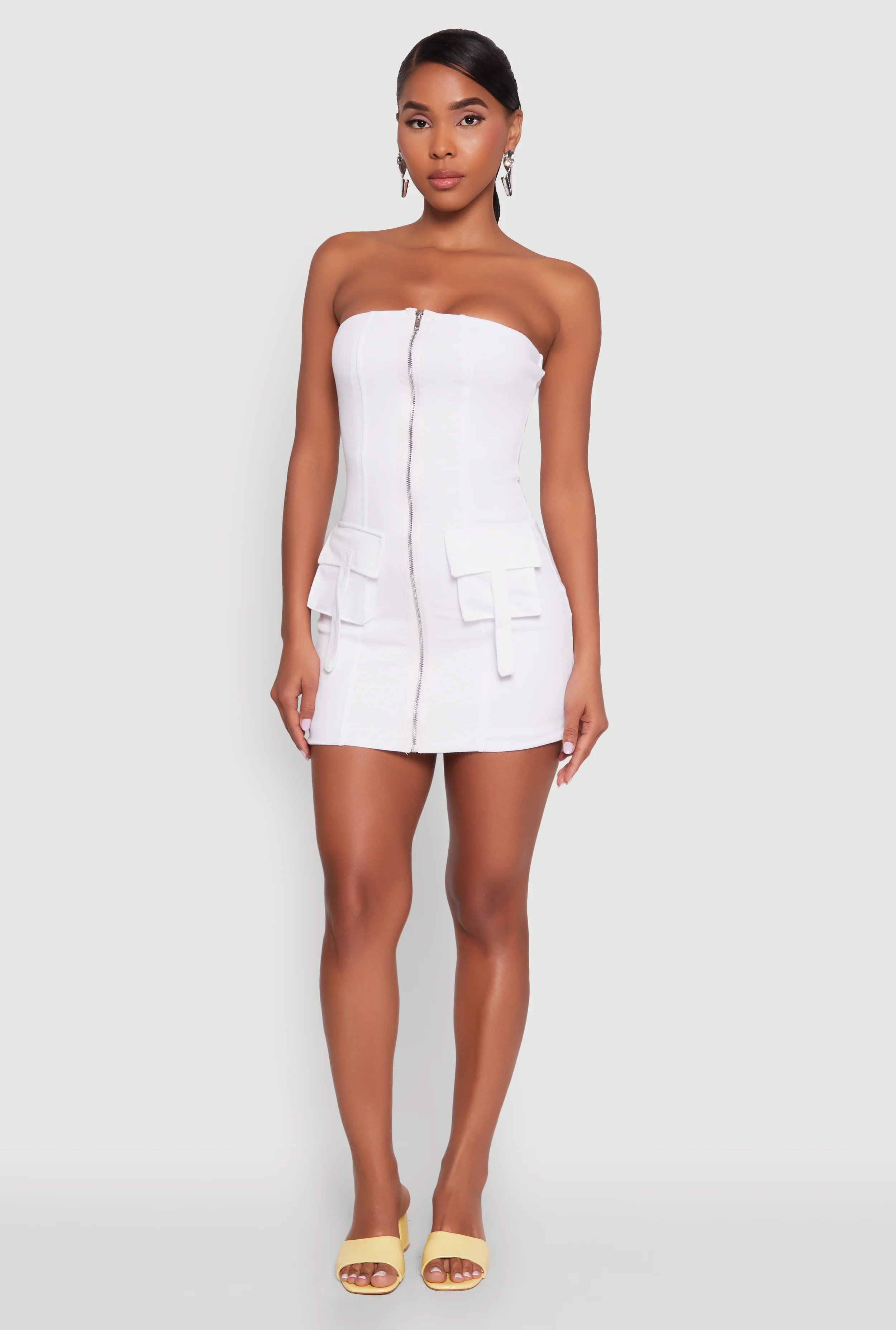 Ribbed Knit Zip Front Cargo Pocket Tube Dress