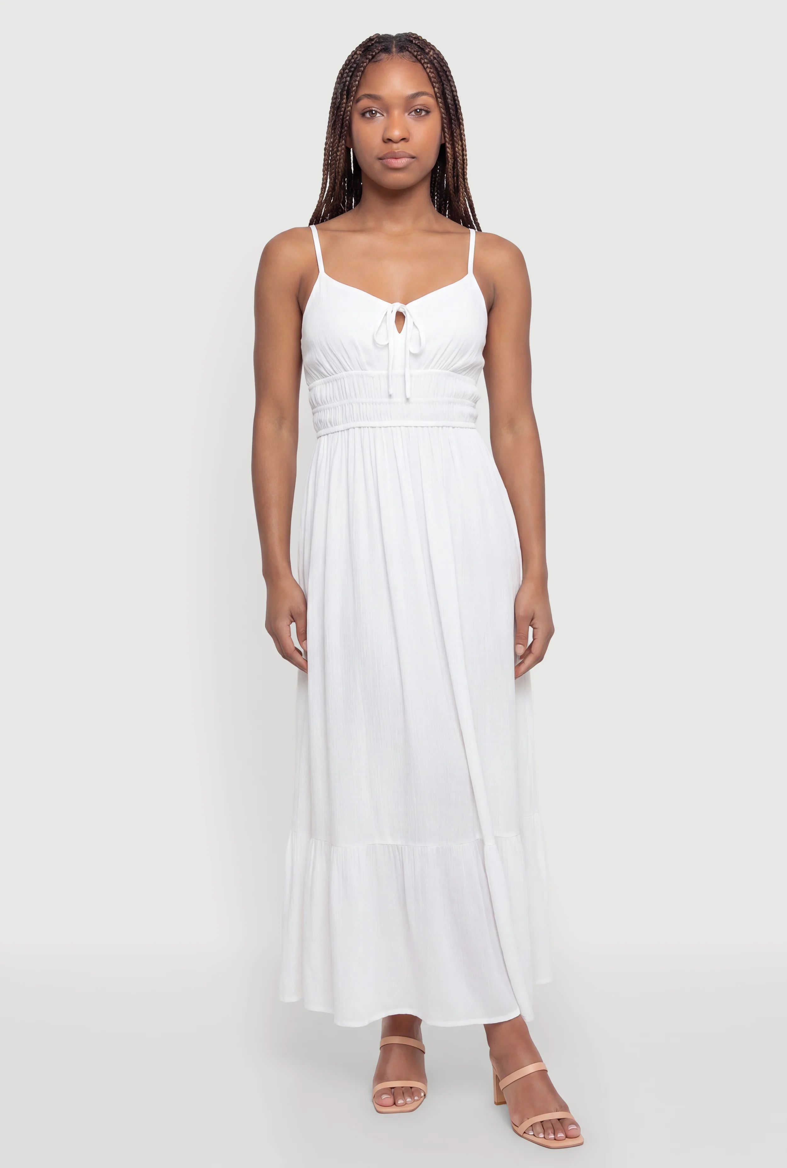 Sleeveless Smocked Waist Ruffle Trim Maxi Dress