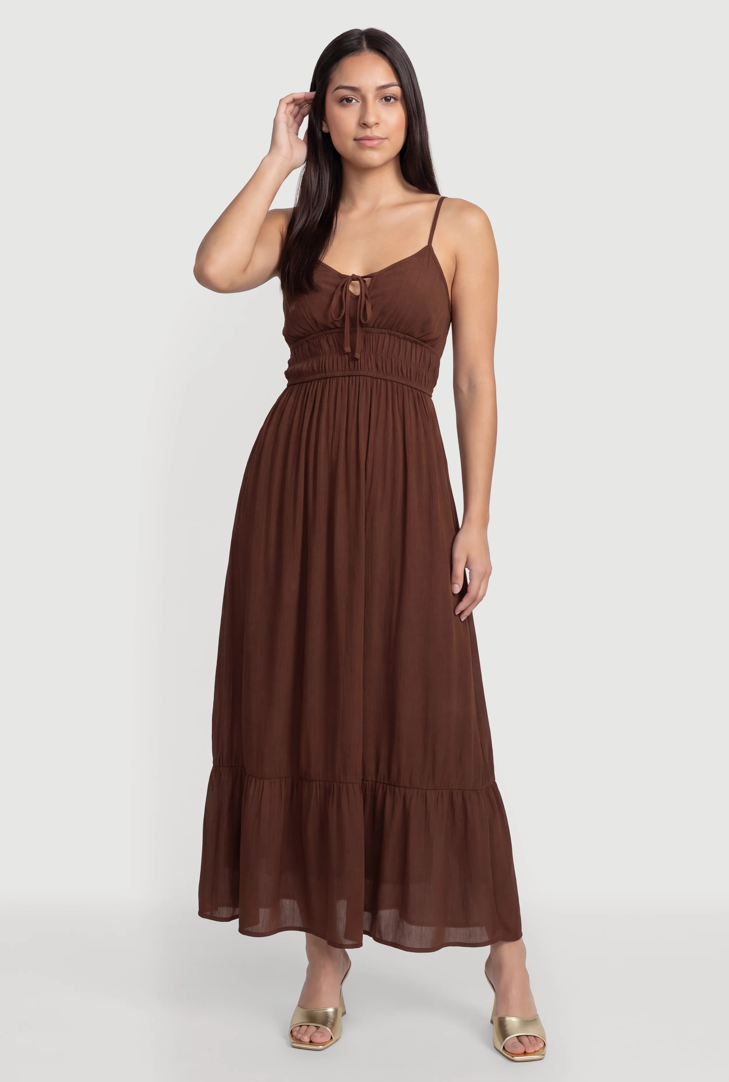 Sleeveless Smocked Waist Ruffle Trim Maxi Dress
