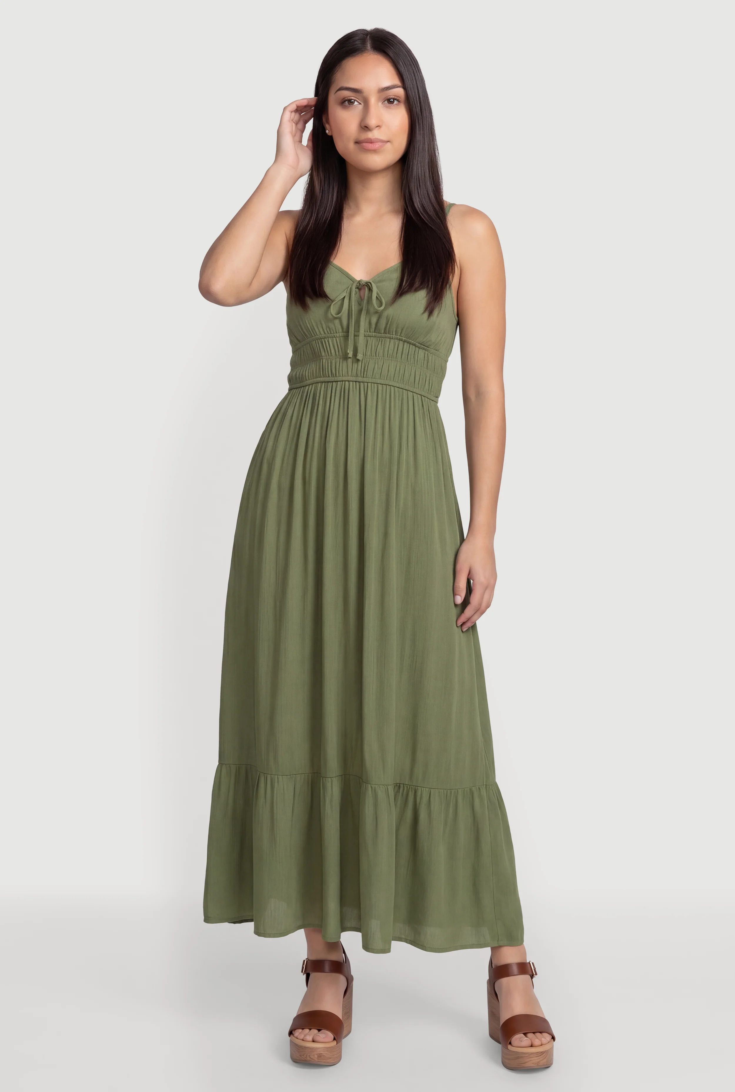 Sleeveless Smocked Waist Ruffle Trim Maxi Dress