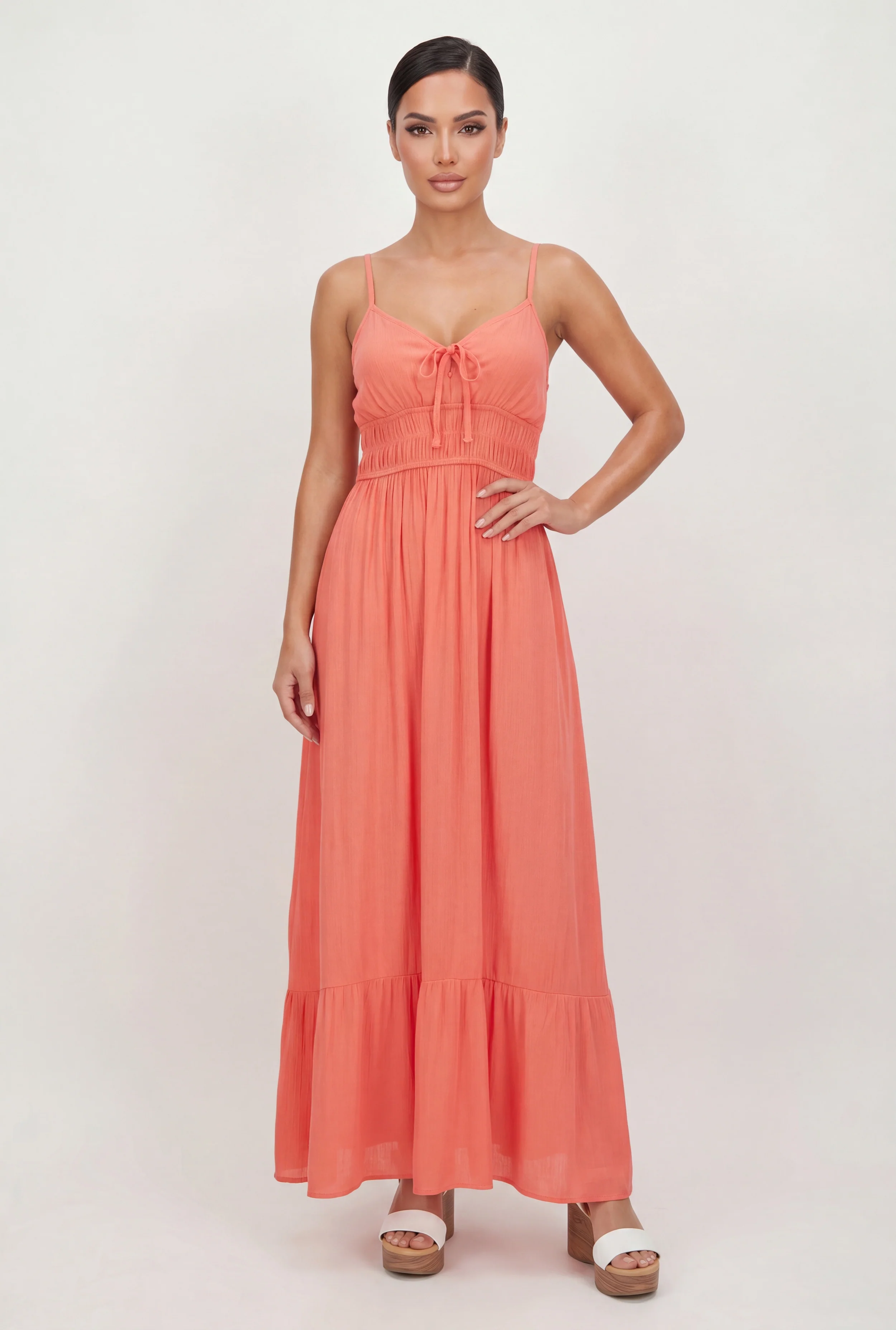 Sleeveless Smocked Waist Ruffle Trim Maxi Dress
