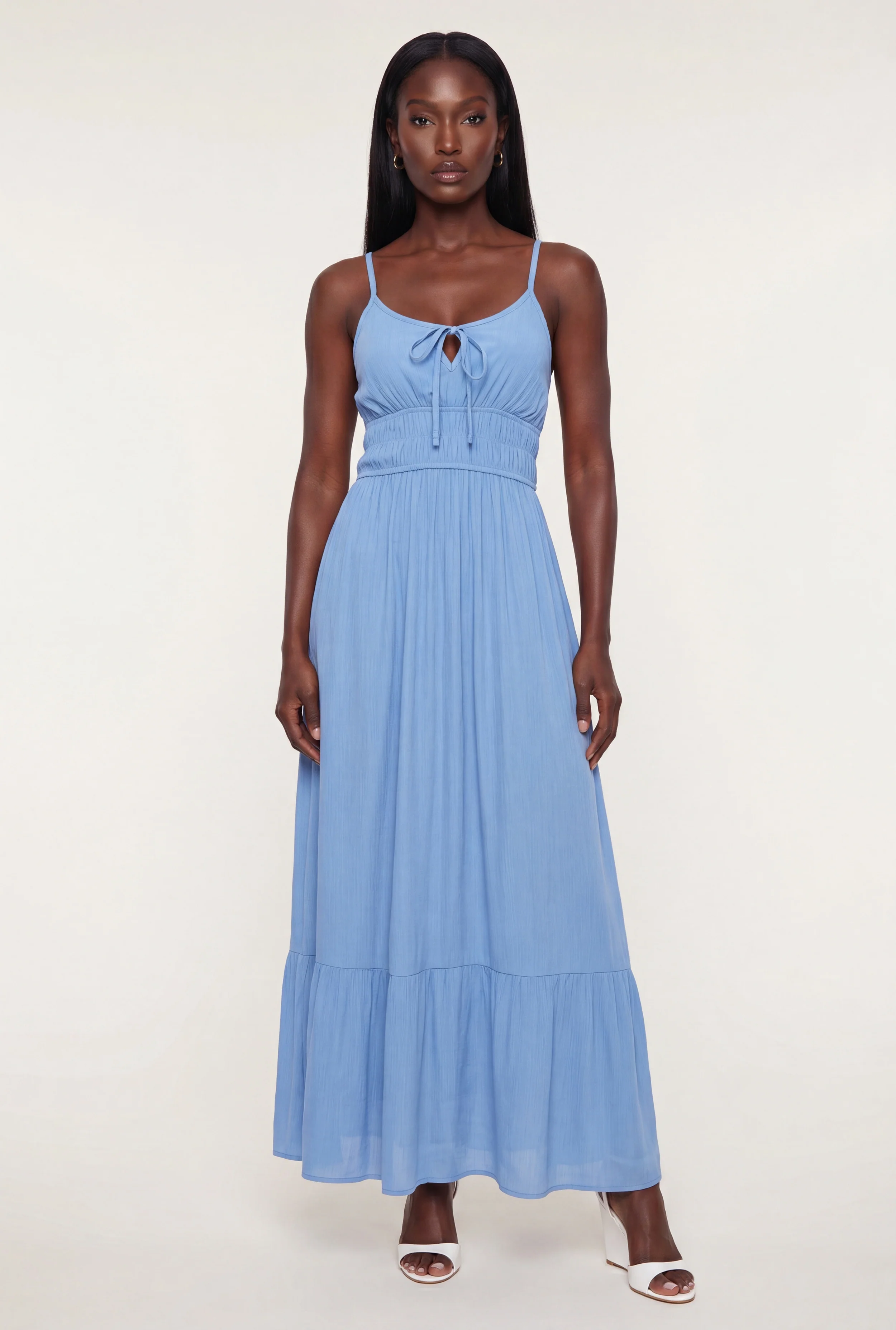 Sleeveless Smocked Waist Ruffle Trim Maxi Dress