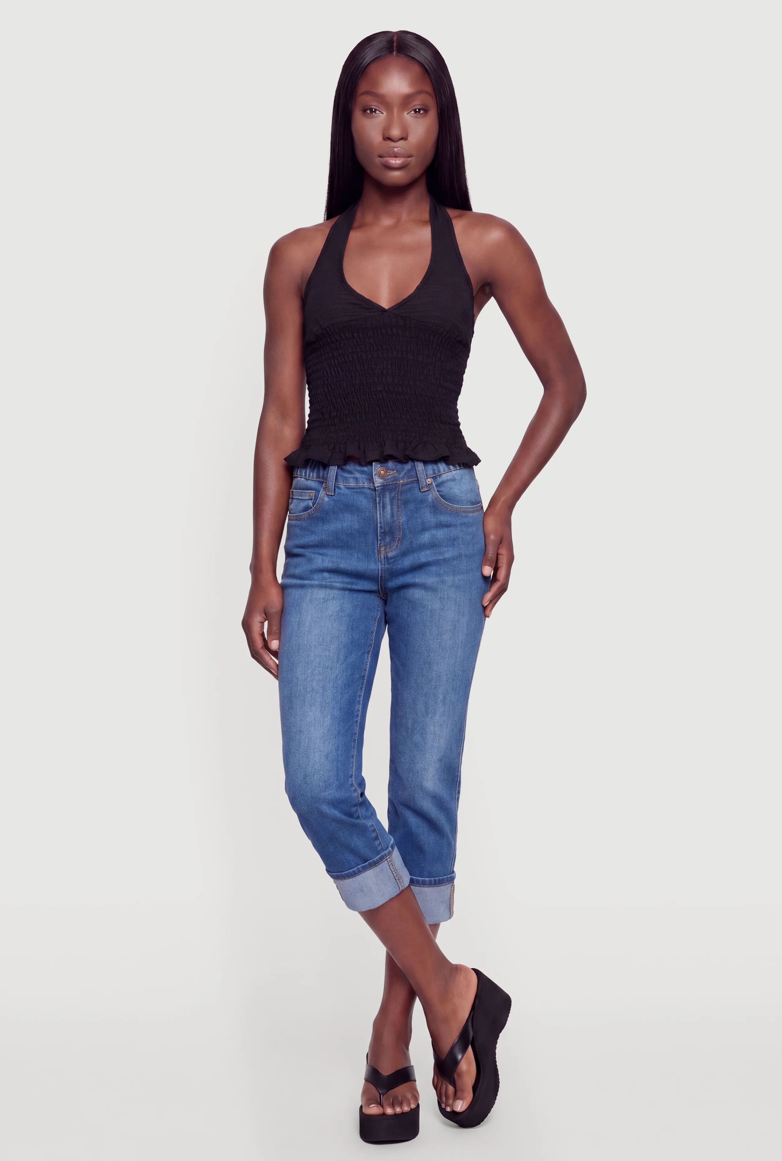 Smocked Waist Tie Back Keyhole Detail Halter Top