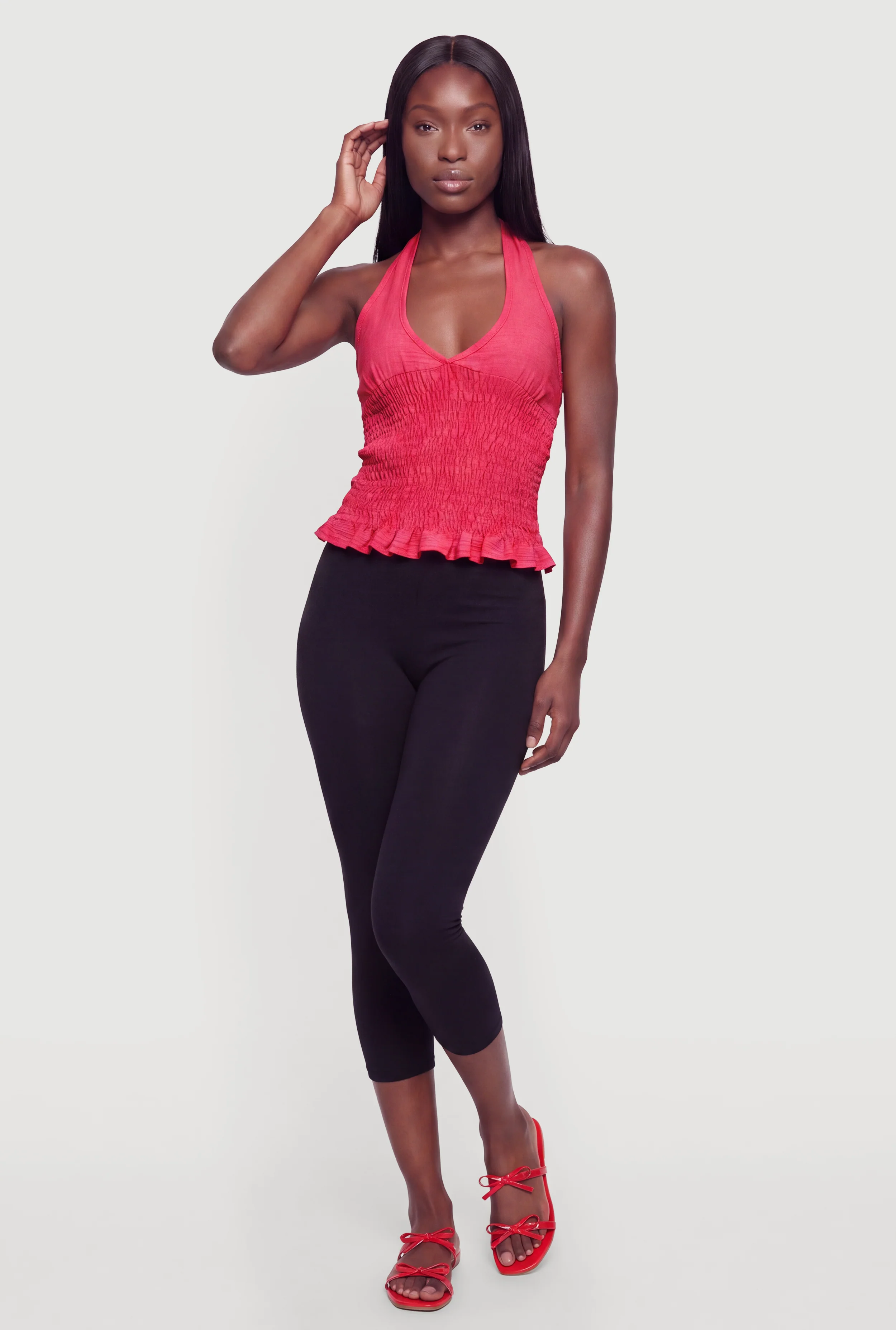 Smocked Waist Tie Back Keyhole Detail Halter Top