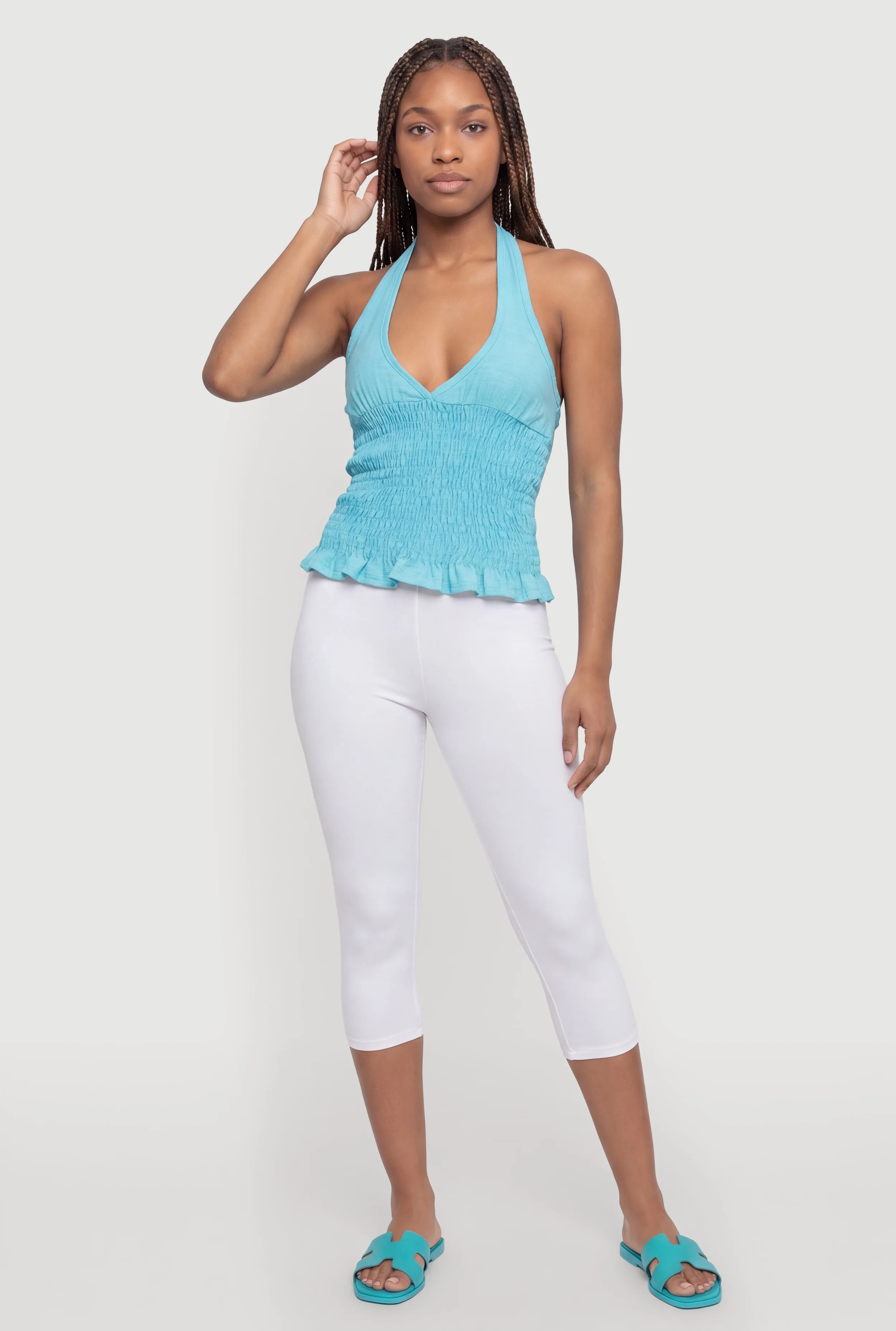 Smocked Waist Tie Back Keyhole Detail Halter Top
