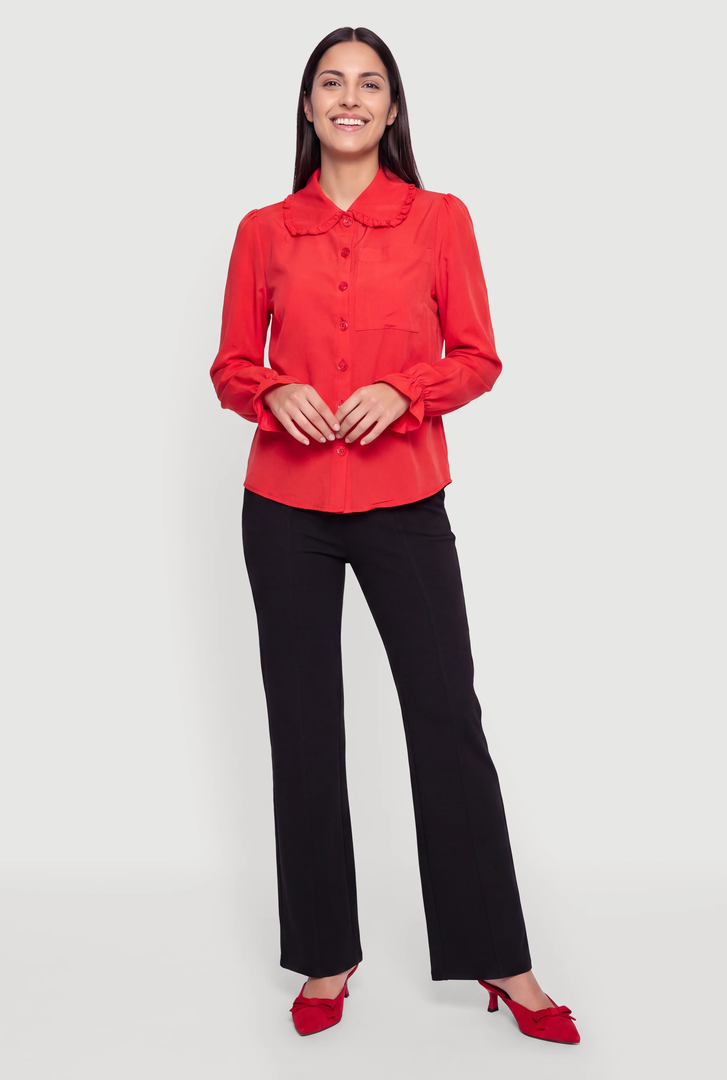 Peter Pan Collar Button Front Pocket Blouse