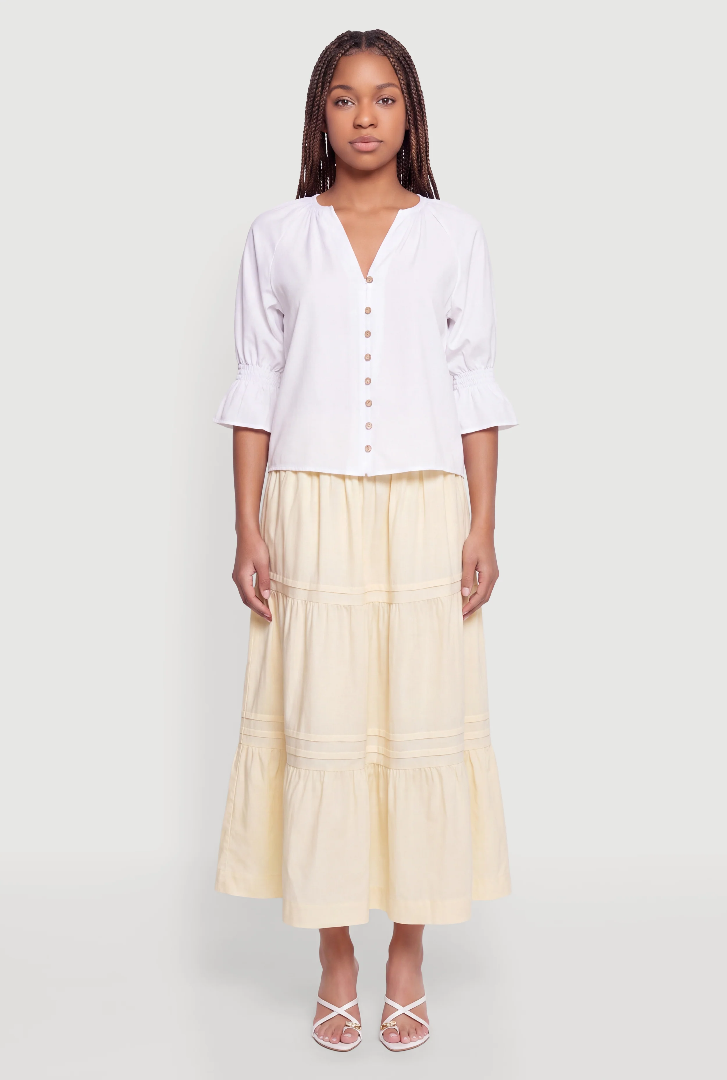 Button Front Blouse with Smocked Bell Sleeves