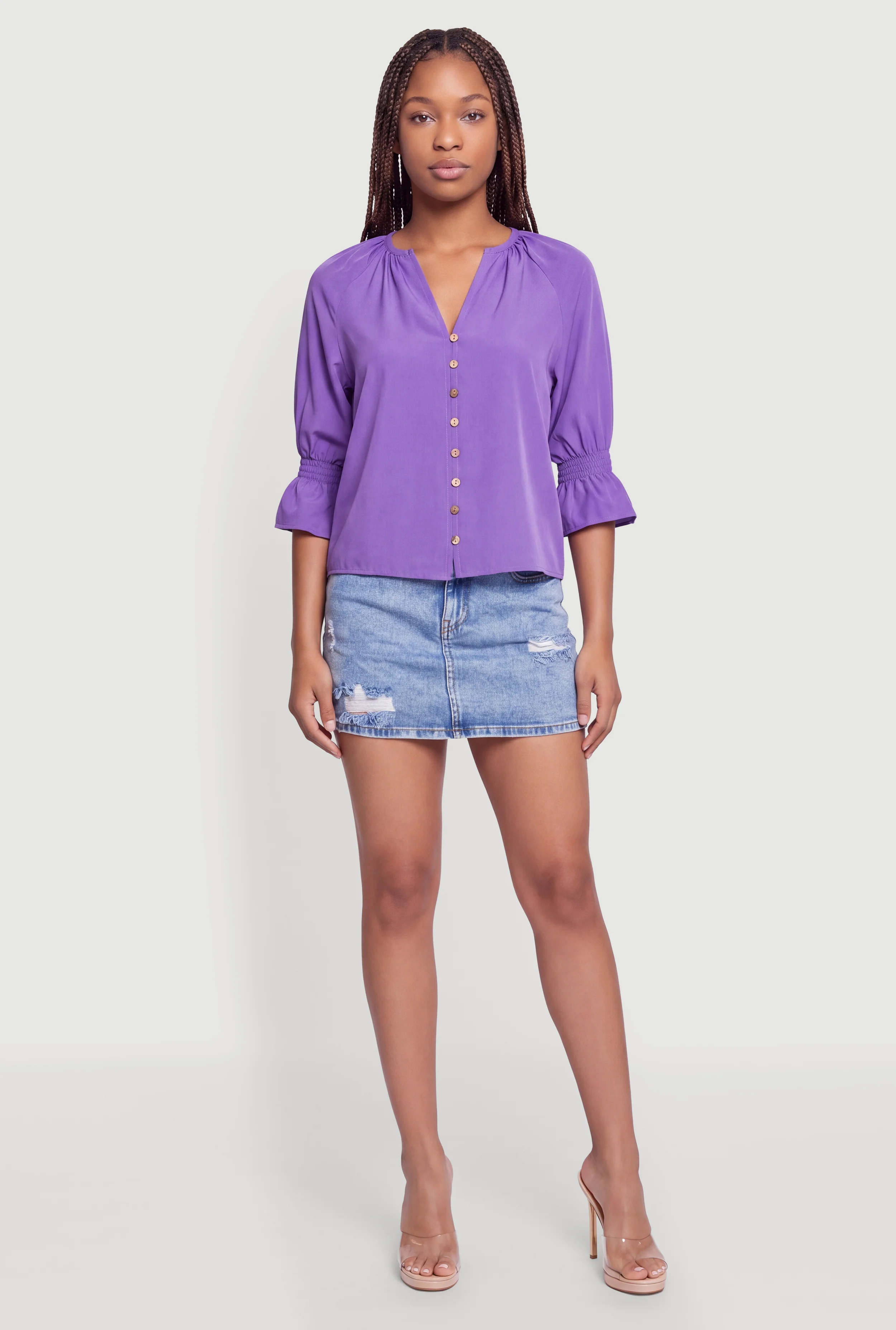 Button Front Blouse with Smocked Bell Sleeves