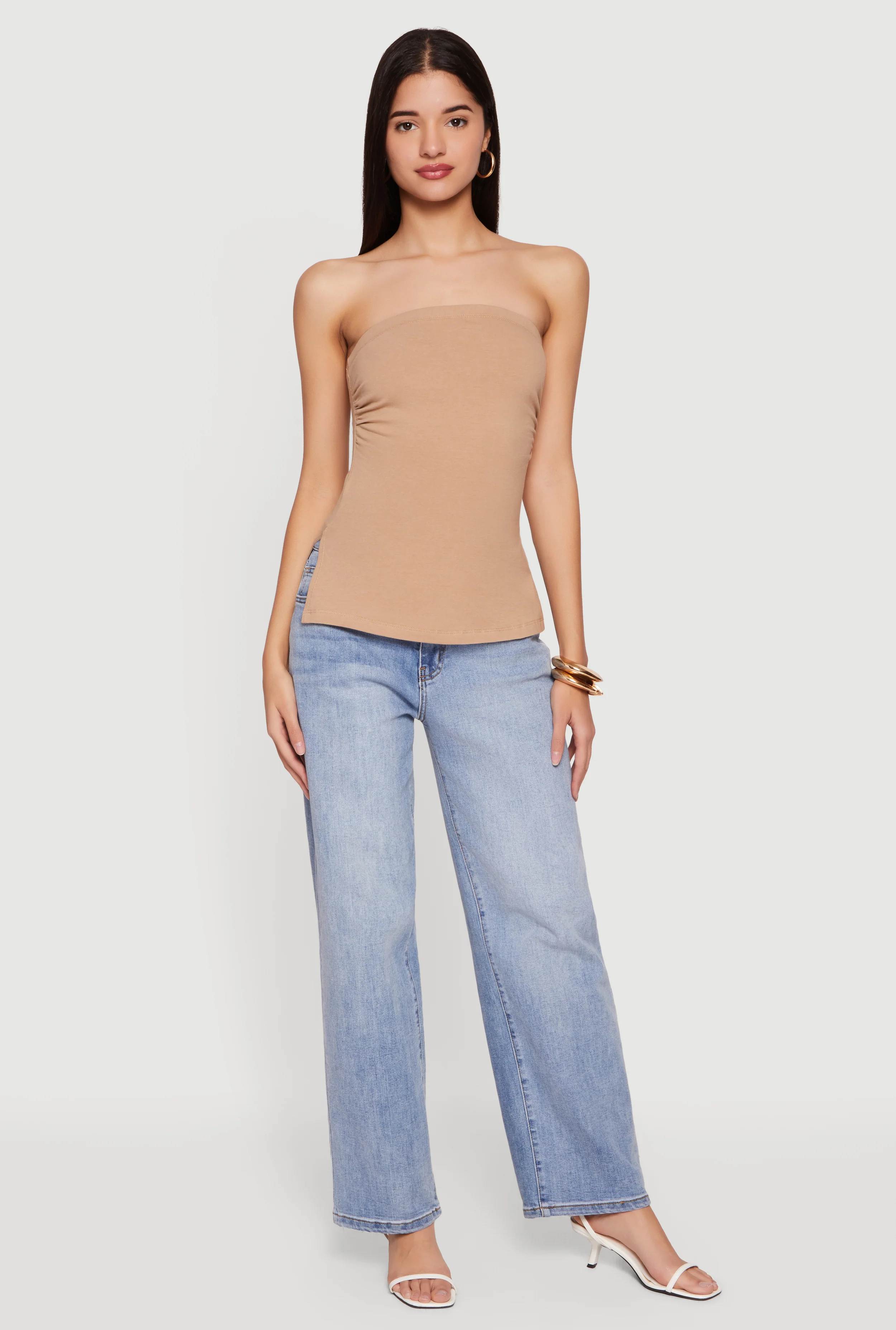 Ruched Side Tube Top with Side Slits