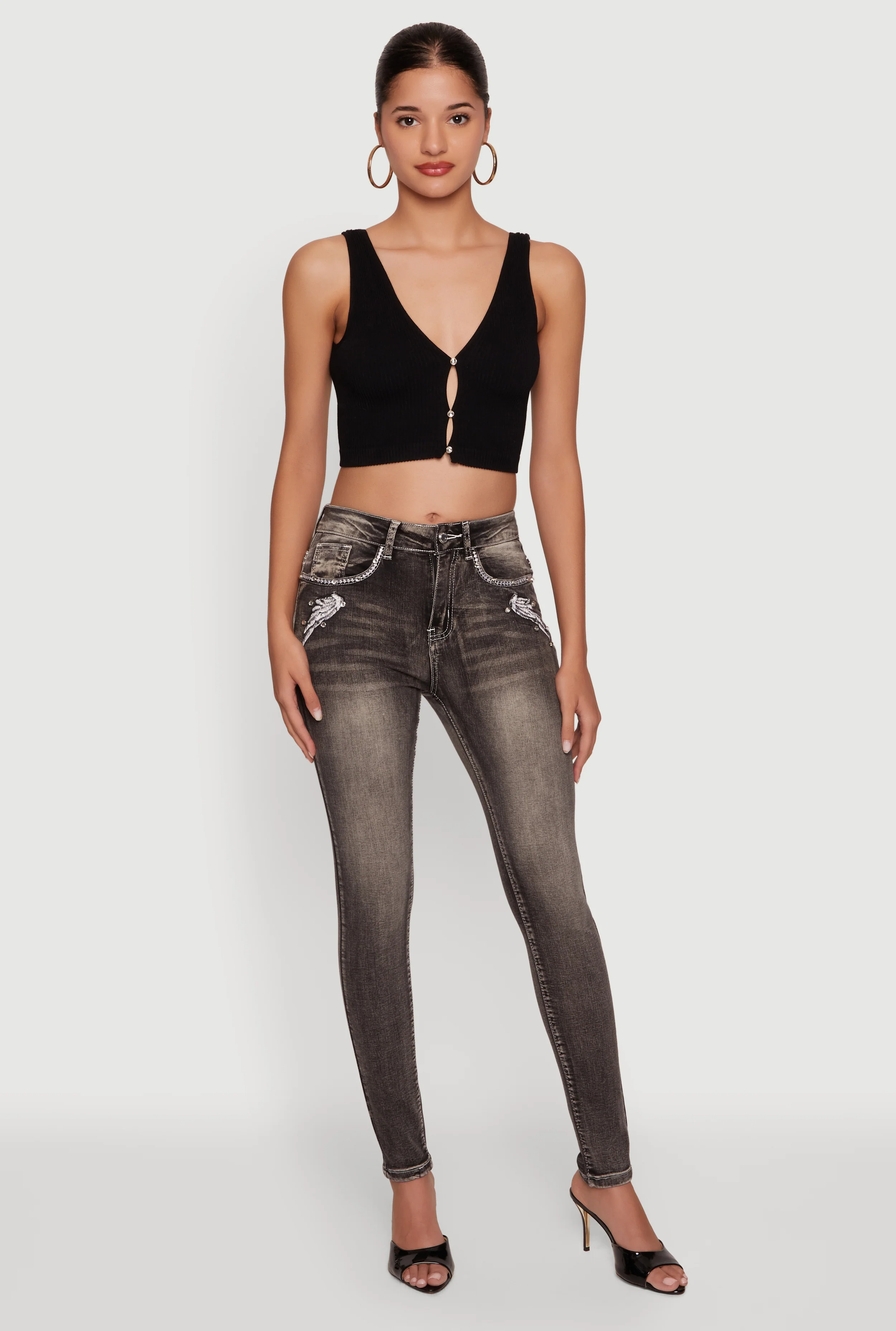 Seamless Ribbed Rhinestone Keyhole Crop Top