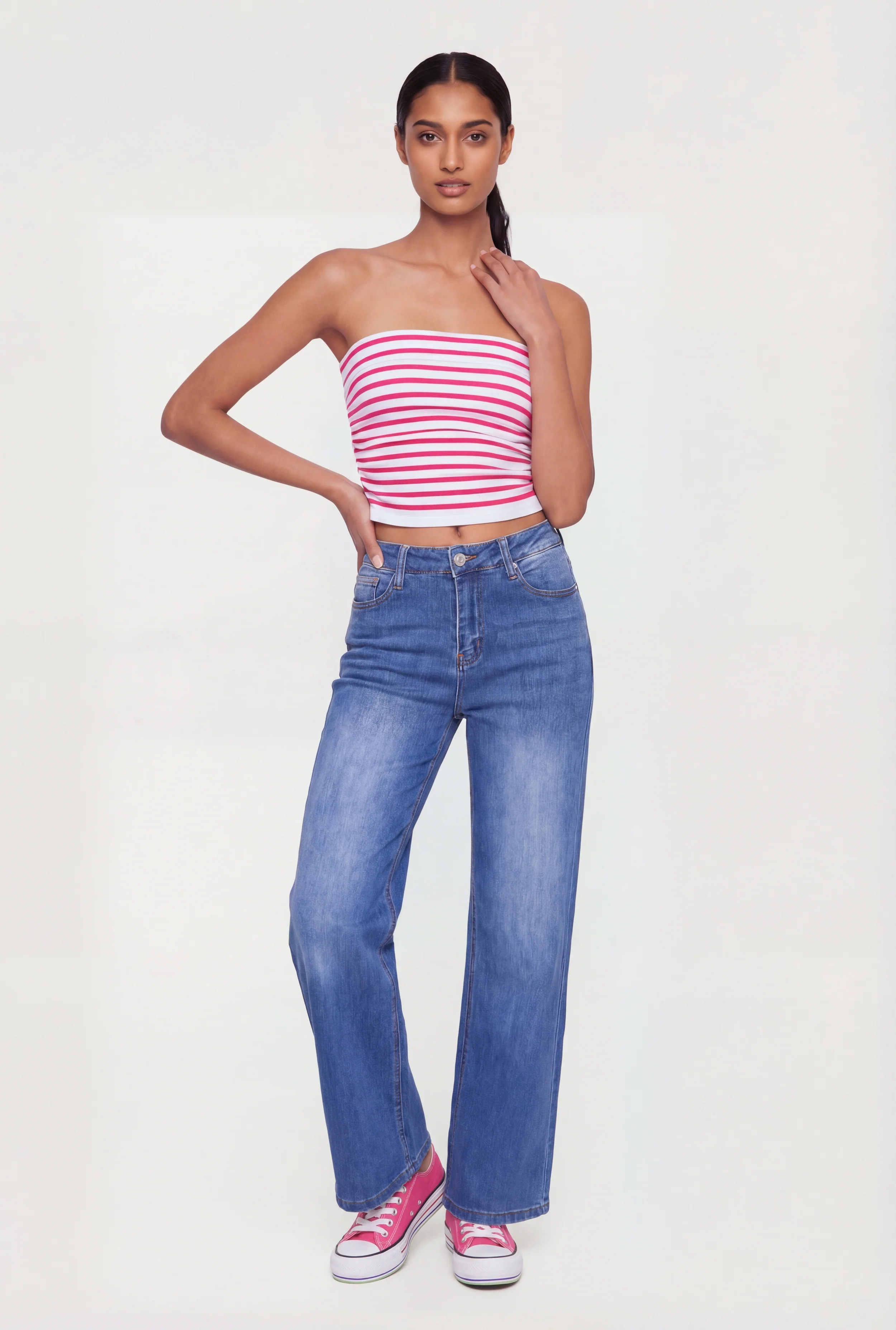 Striped Fold Over Ruched Side Cropped Tube Top