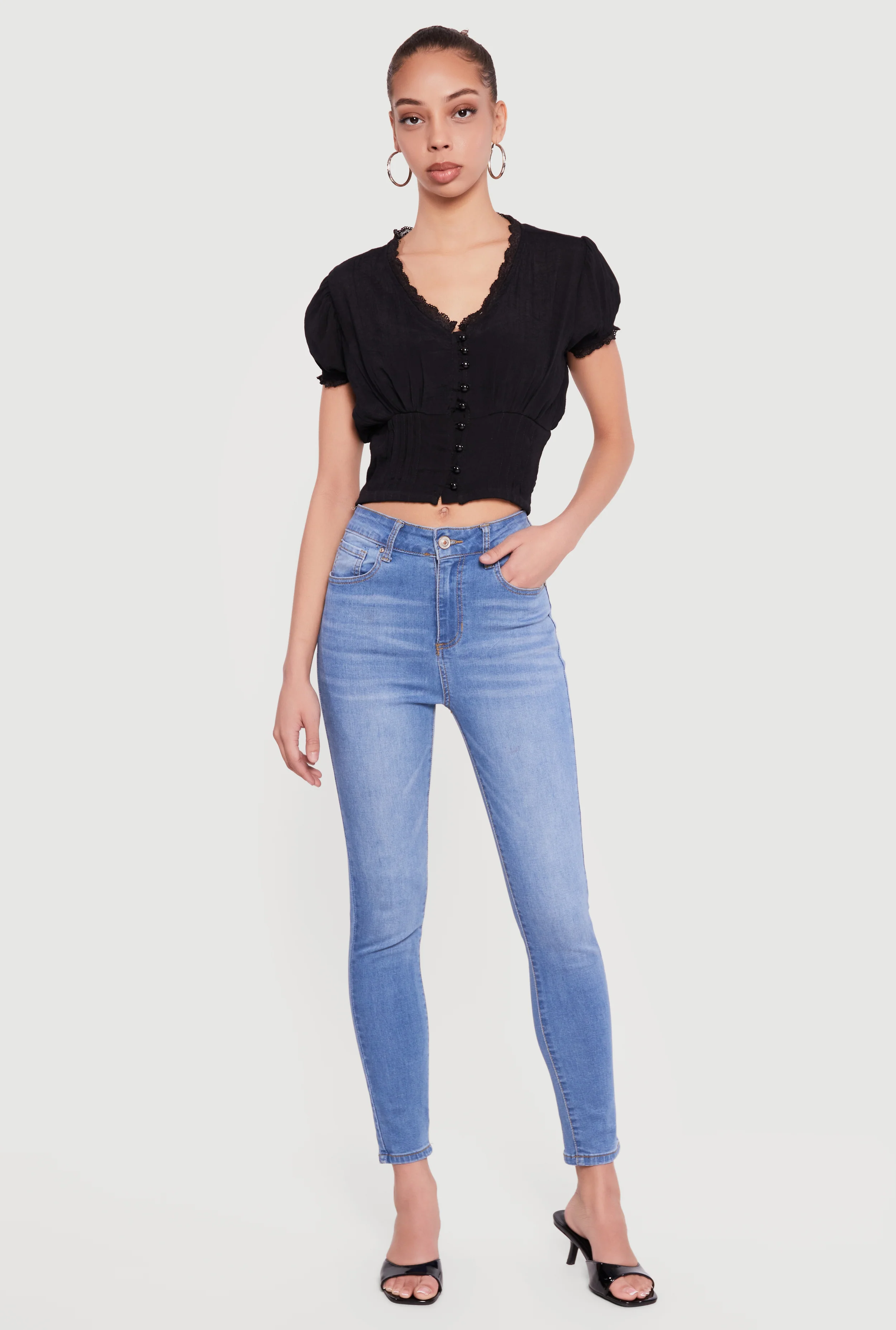 Puff Sleeve Cropped Button Front Blouse