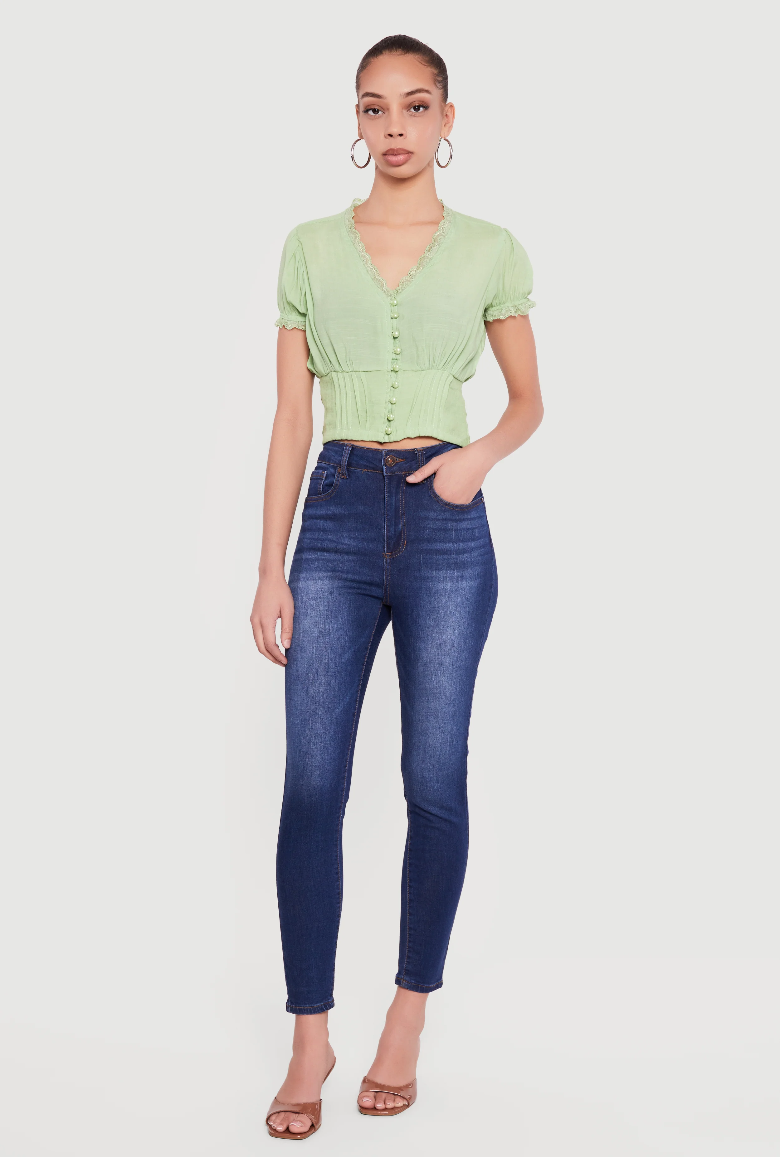 Puff Sleeve Cropped Button Front Blouse
