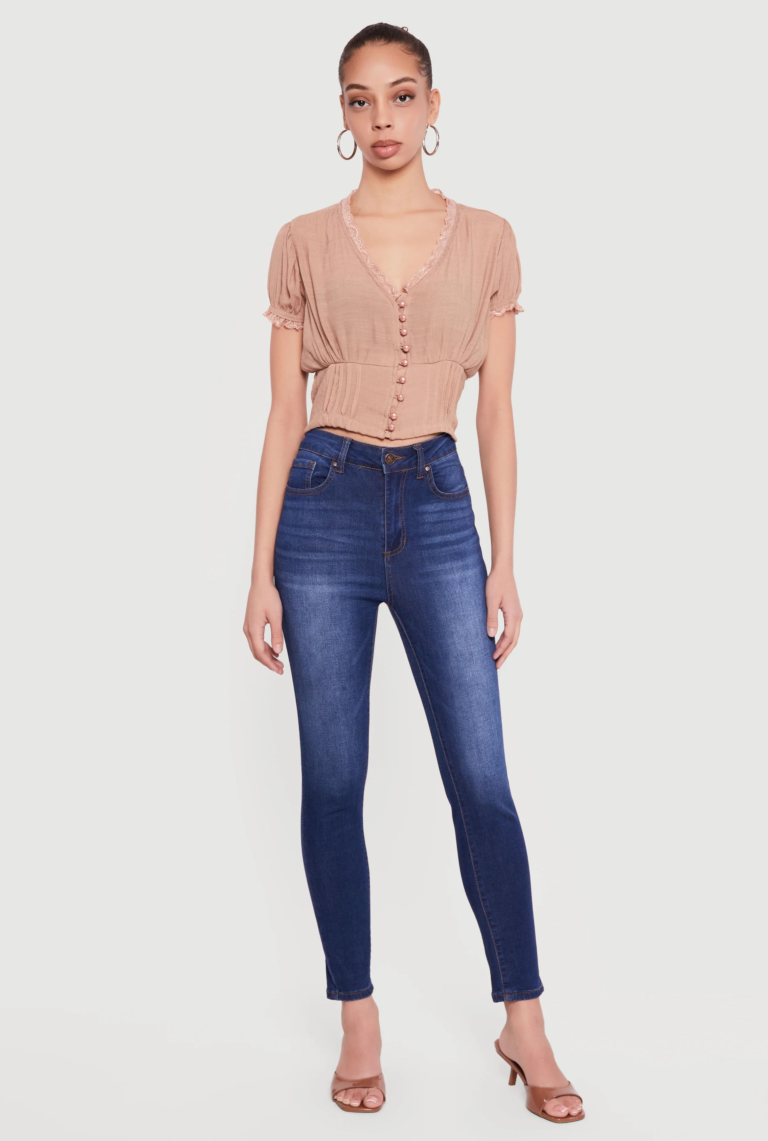 Puff Sleeve Cropped Button Front Blouse
