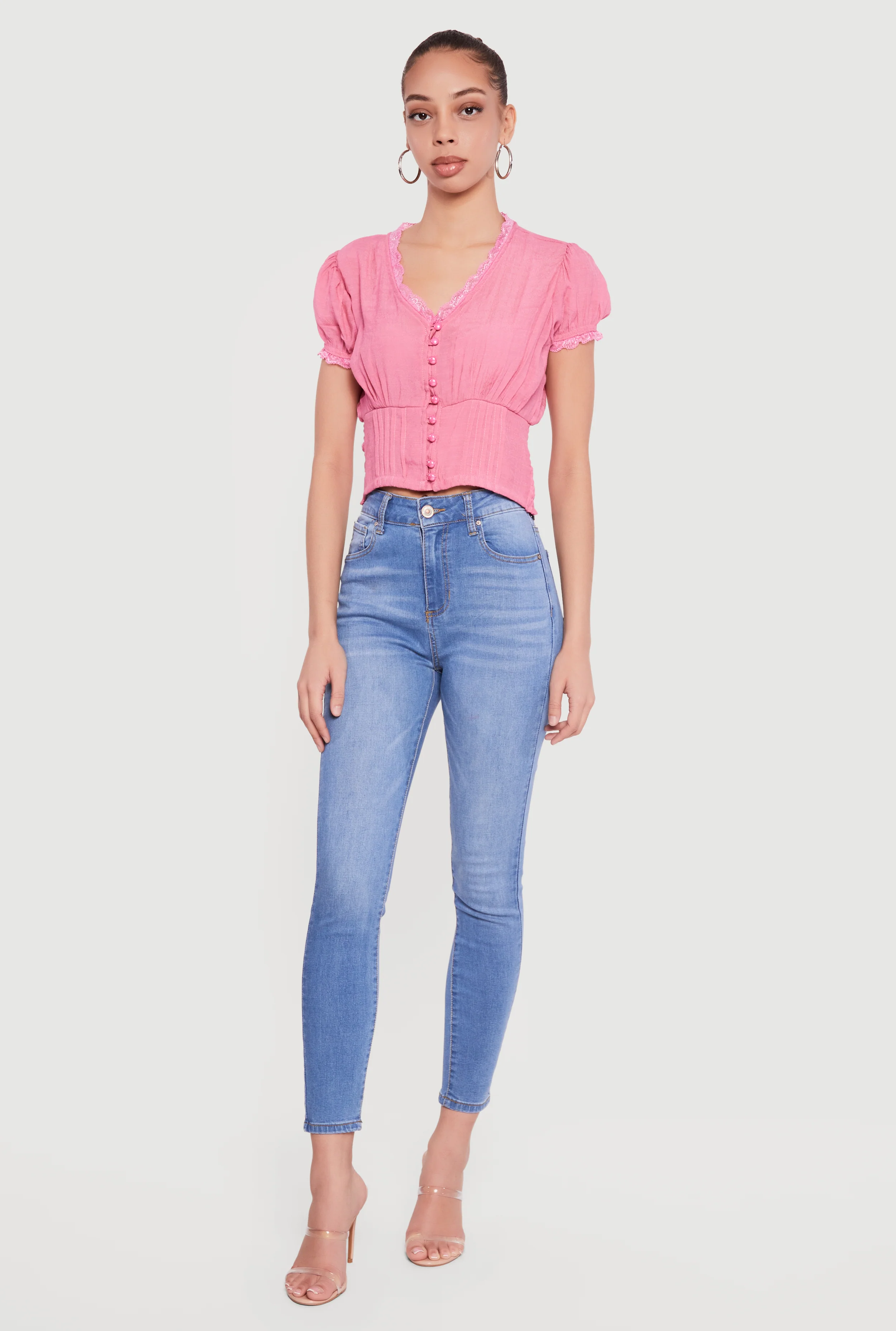 Puff Sleeve Cropped Button Front Blouse
