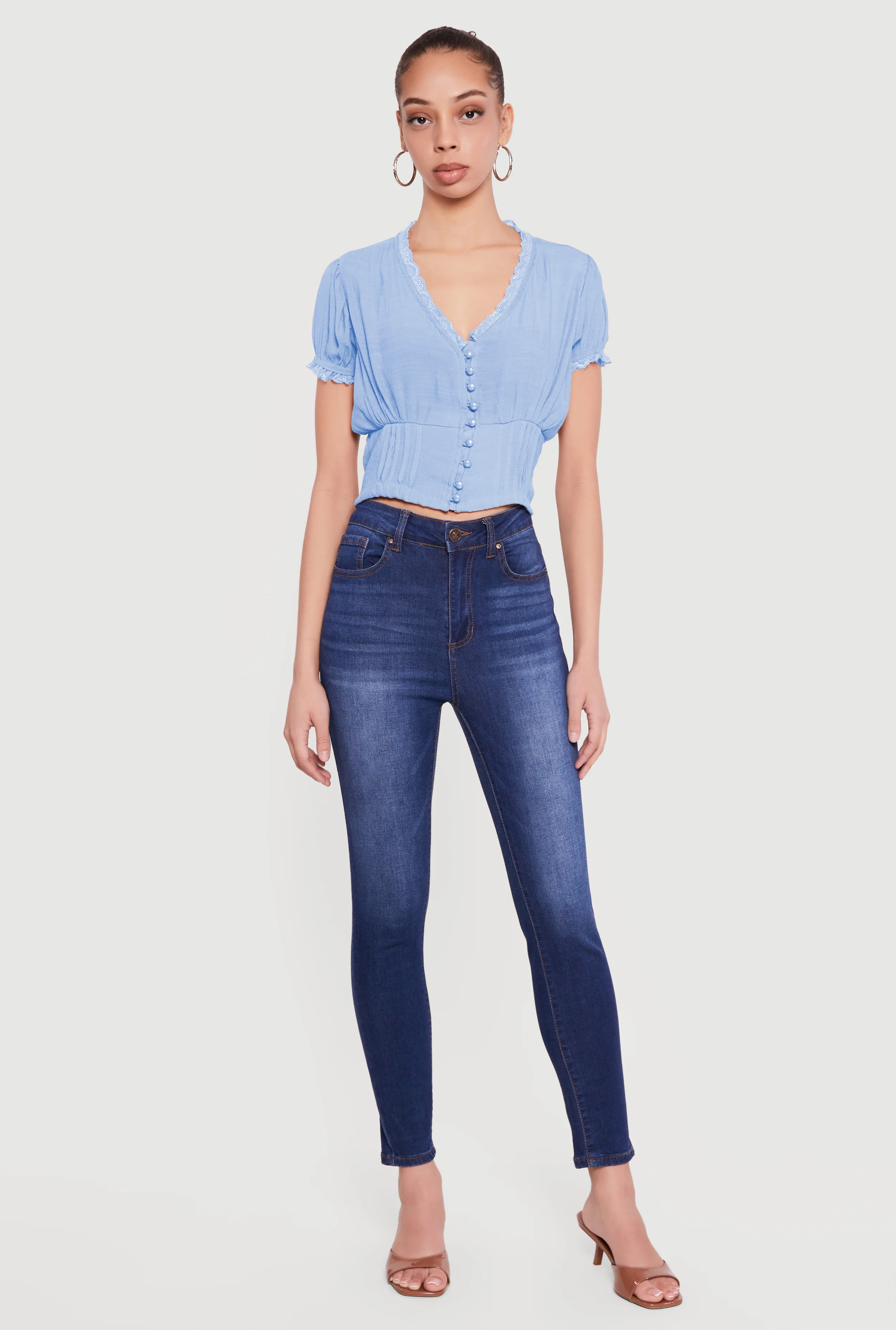 Puff Sleeve Cropped Button Front Blouse
