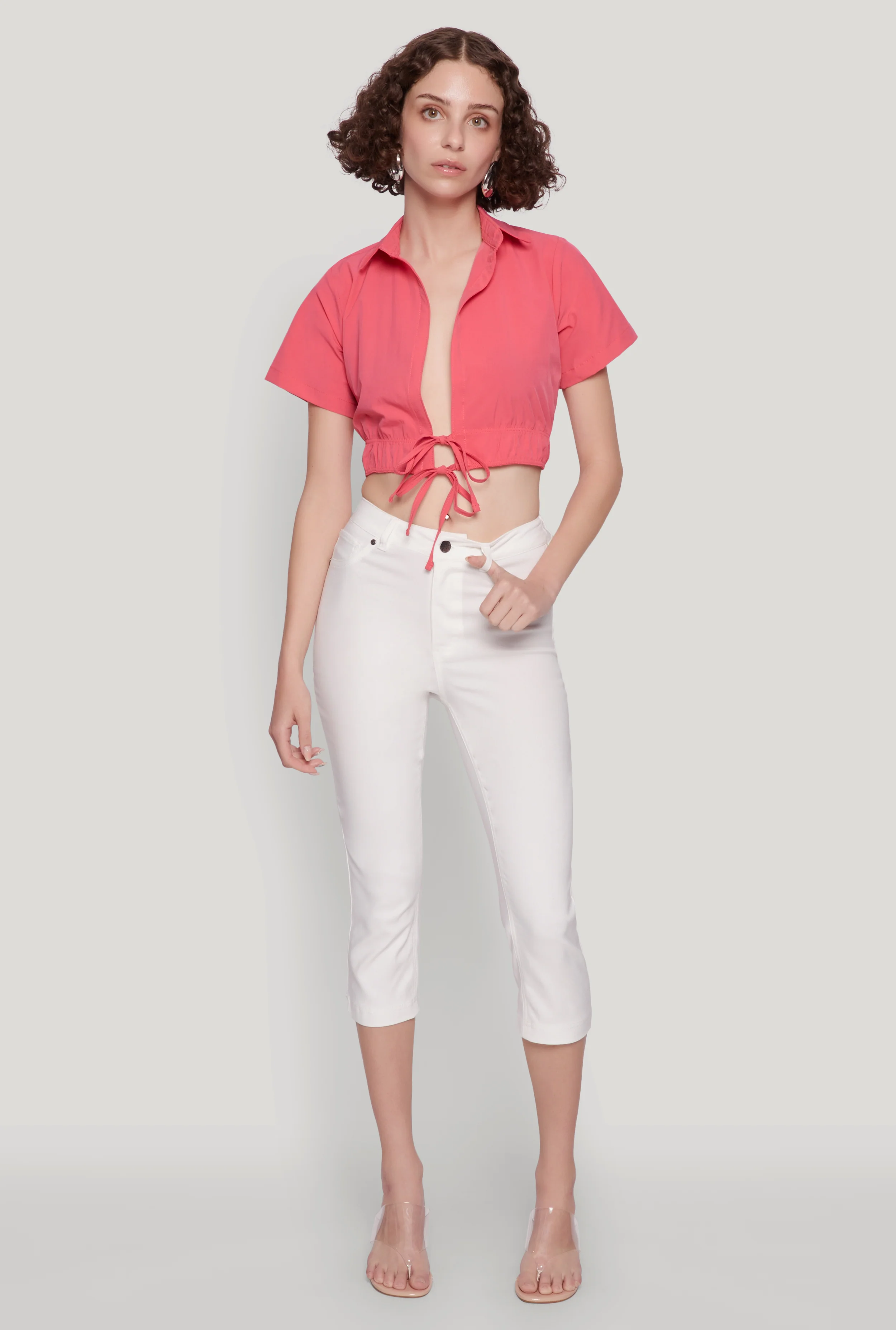 Open Tie Front Cropped Shirt