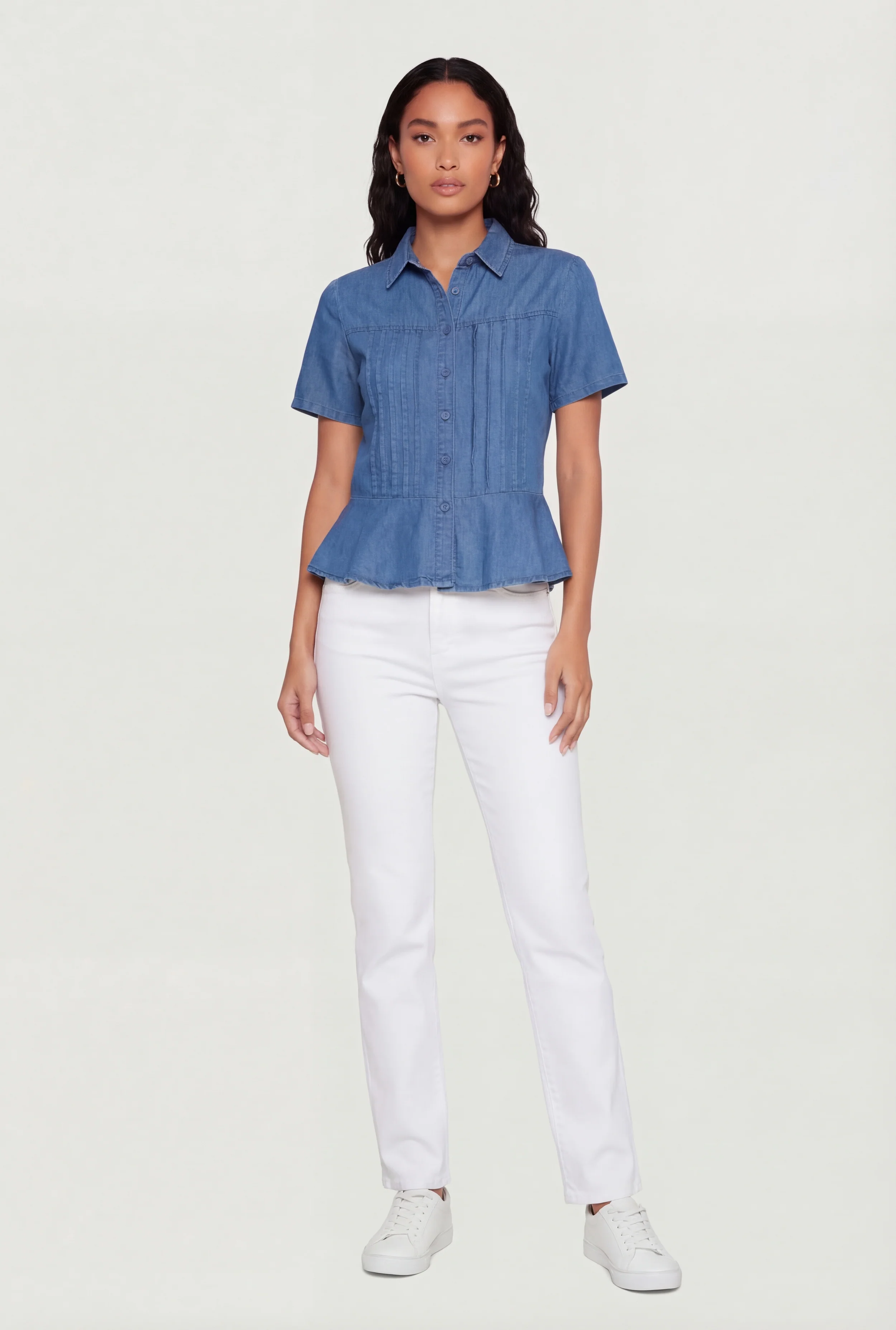 Pintuck Button Front Short Sleeve Peplum Top