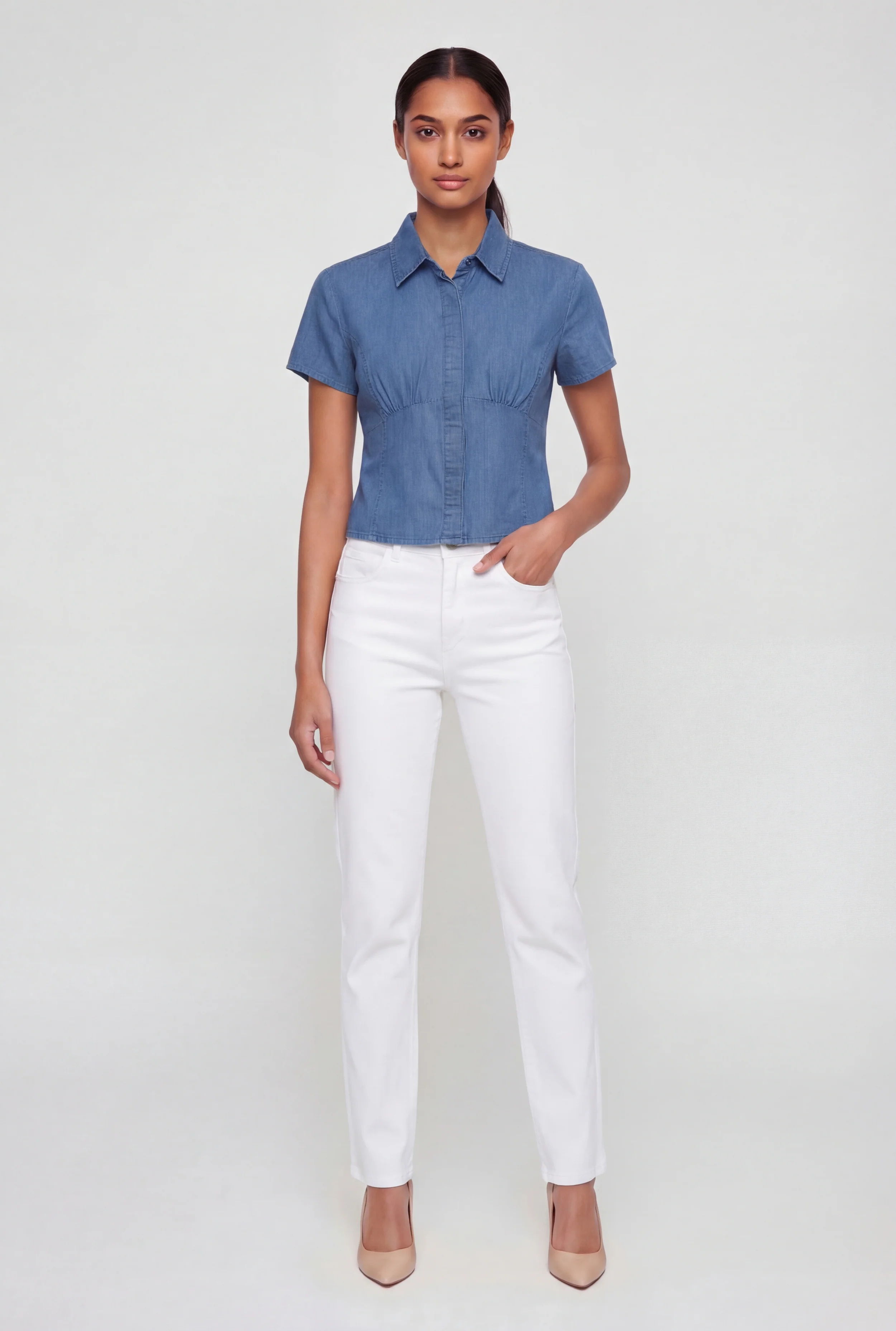 Denim Button Front Short Sleeve Top