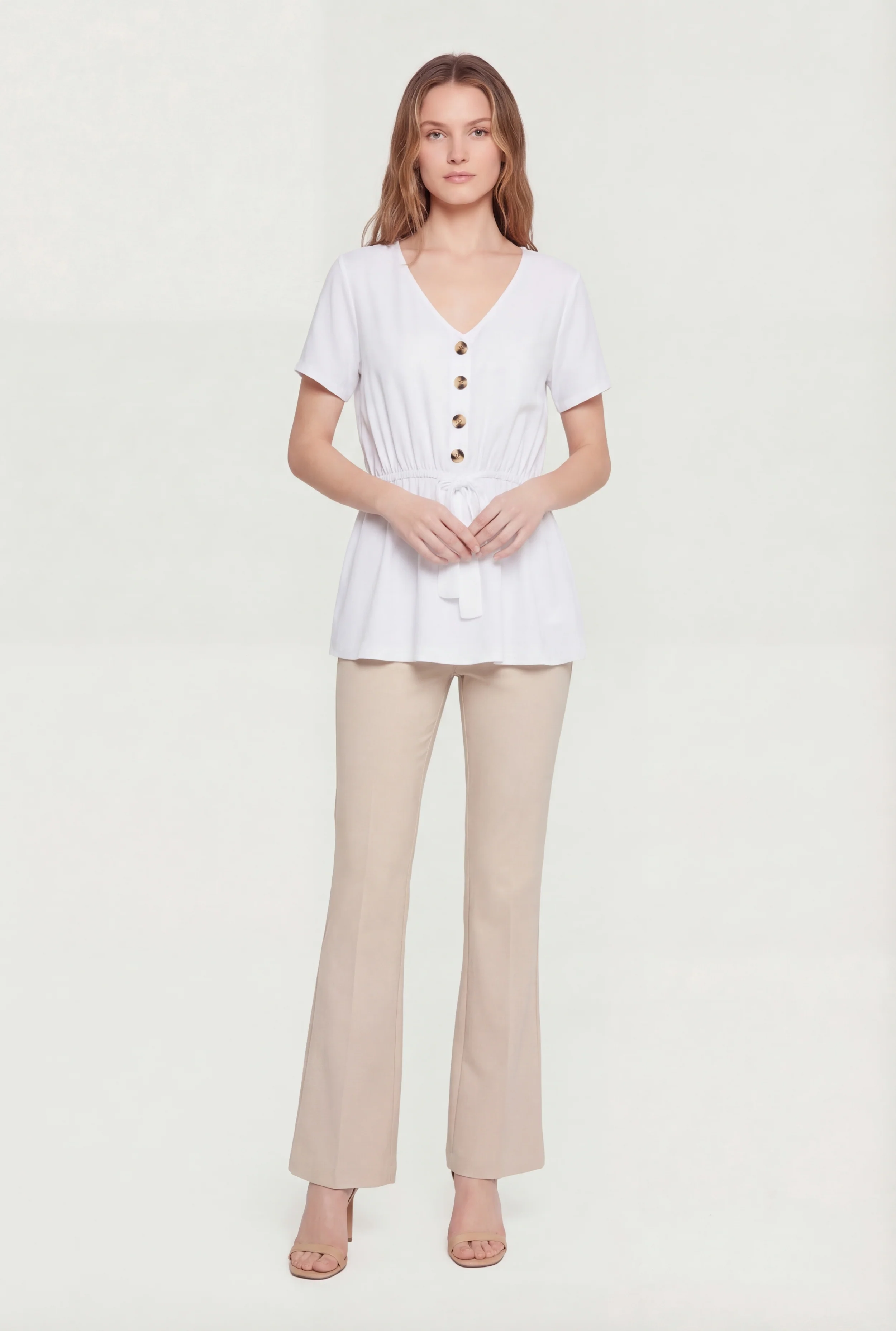 Ruched Half Button Front Short Sleeve Top