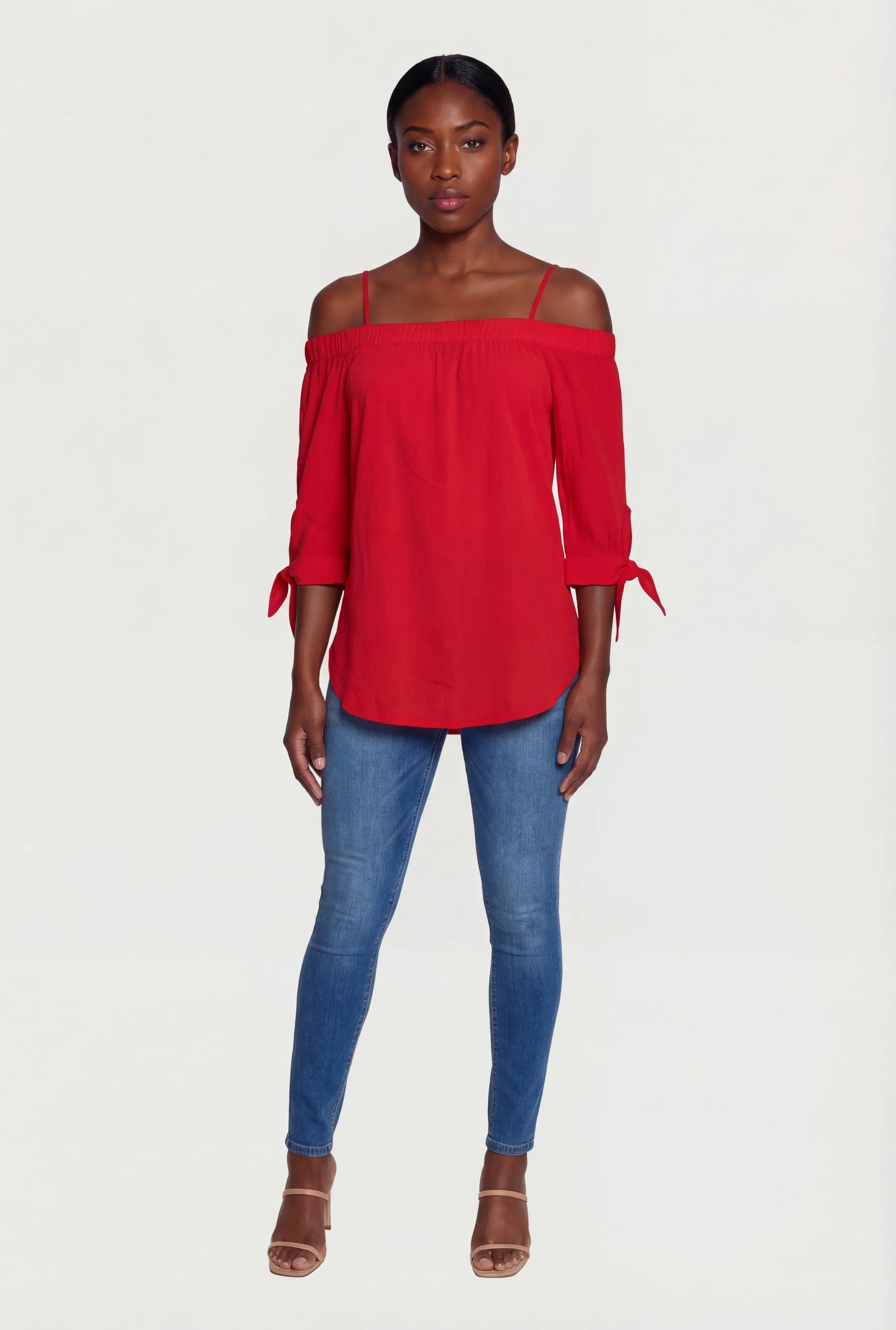 Tie Knot Sleeve Square Neck Cold Shoulder Blouse