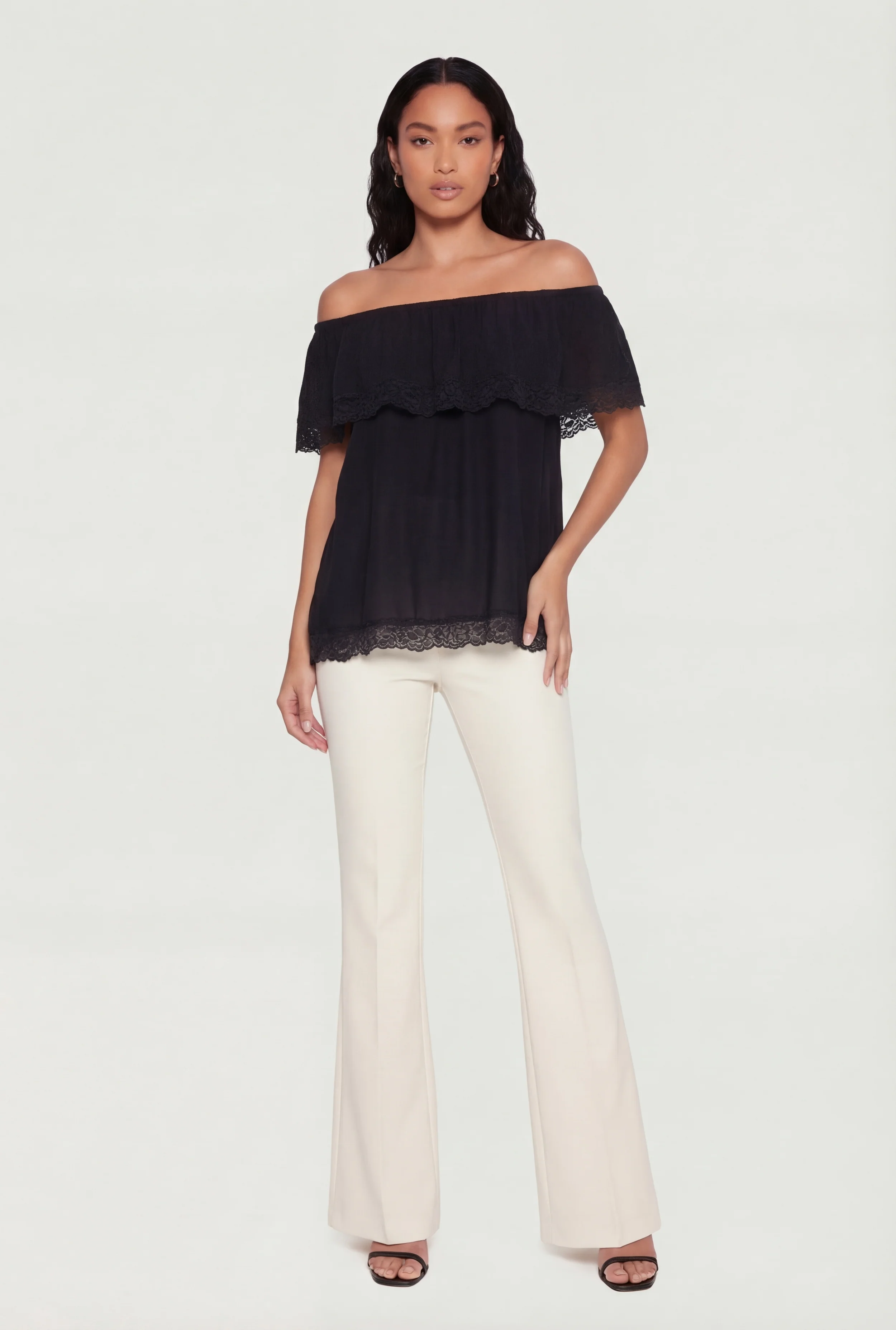 Lace Trim Fold Over Off The Shoulder Top