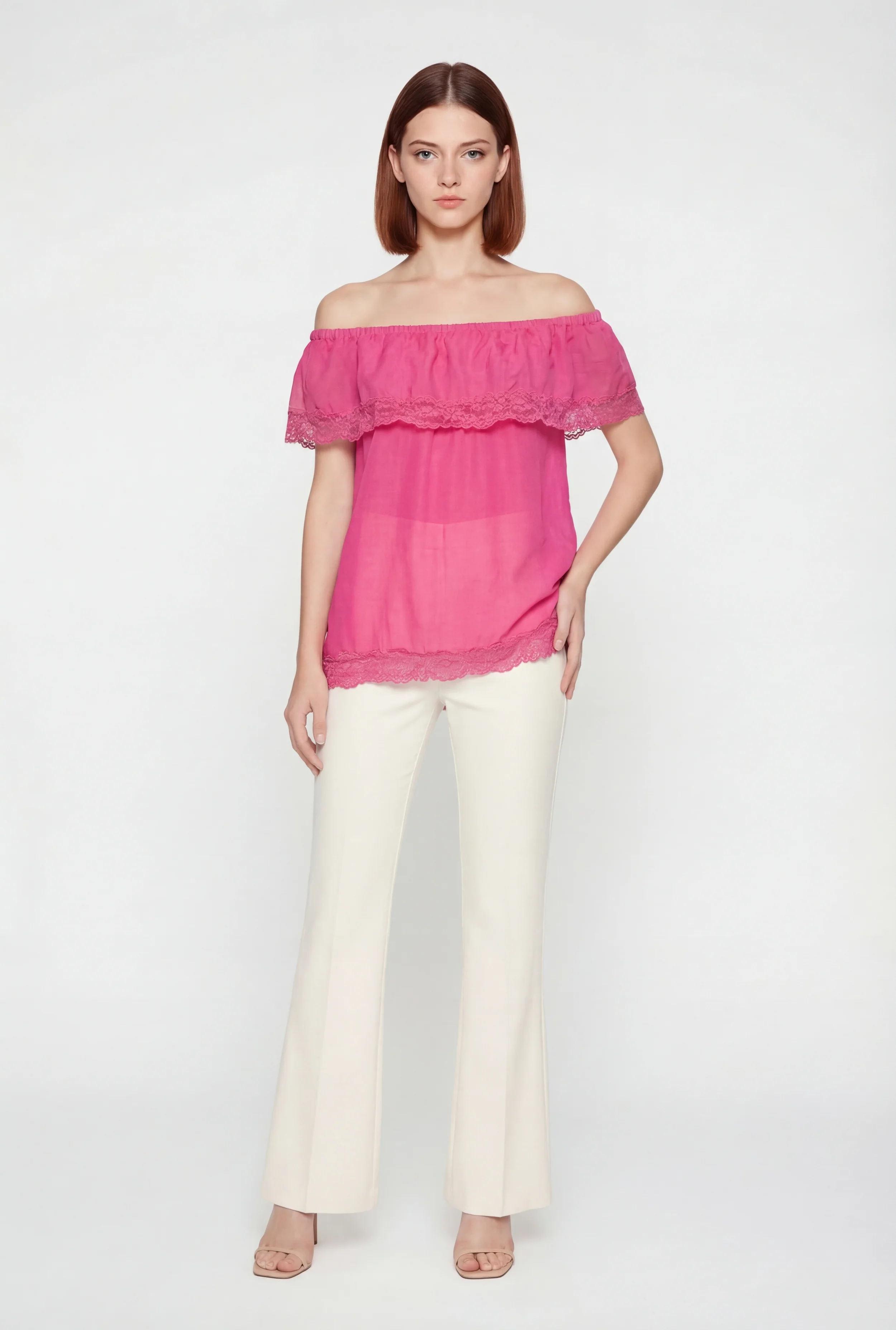 Lace Trim Fold Over Off The Shoulder Top