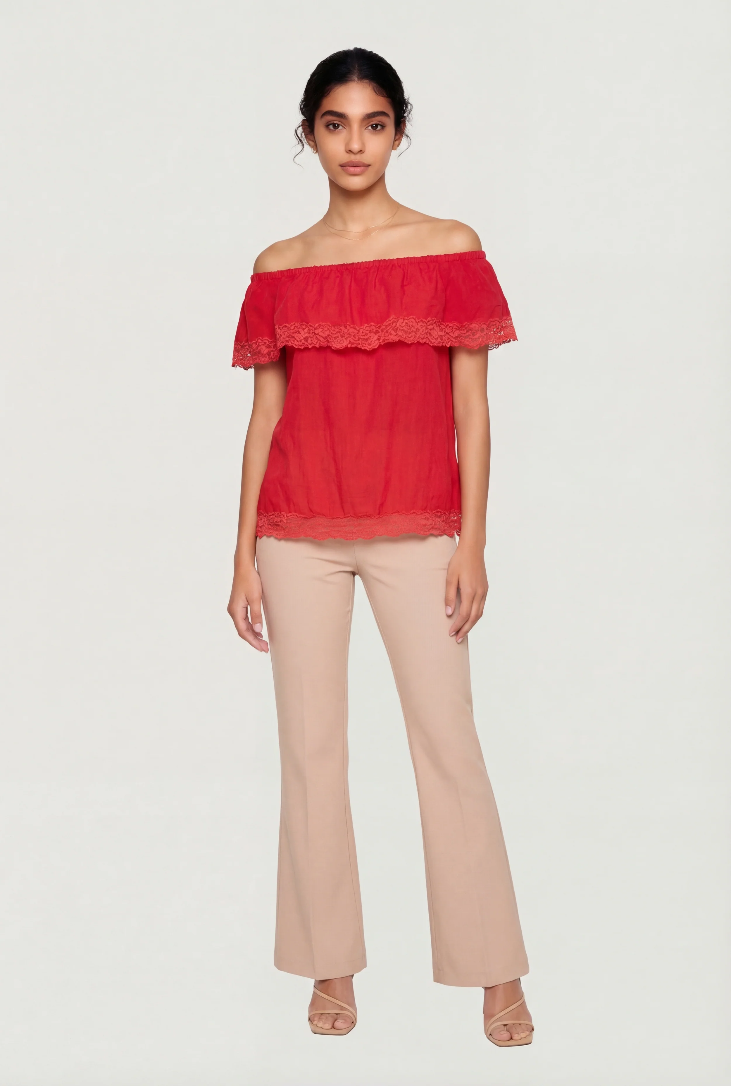 Lace Trim Fold Over Off The Shoulder Top