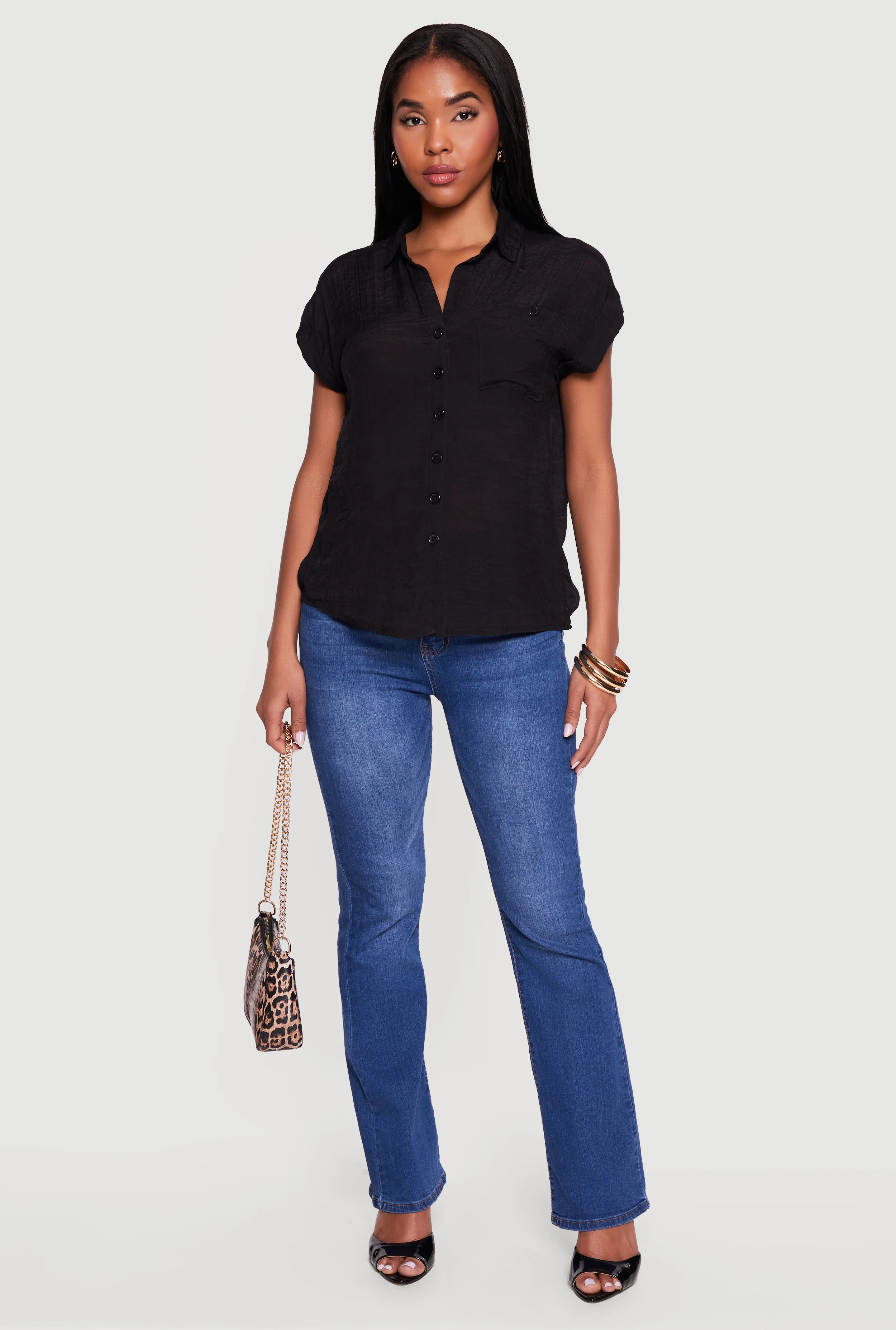 Solid Gauze Knit Short Sleeve Button Front Shirt