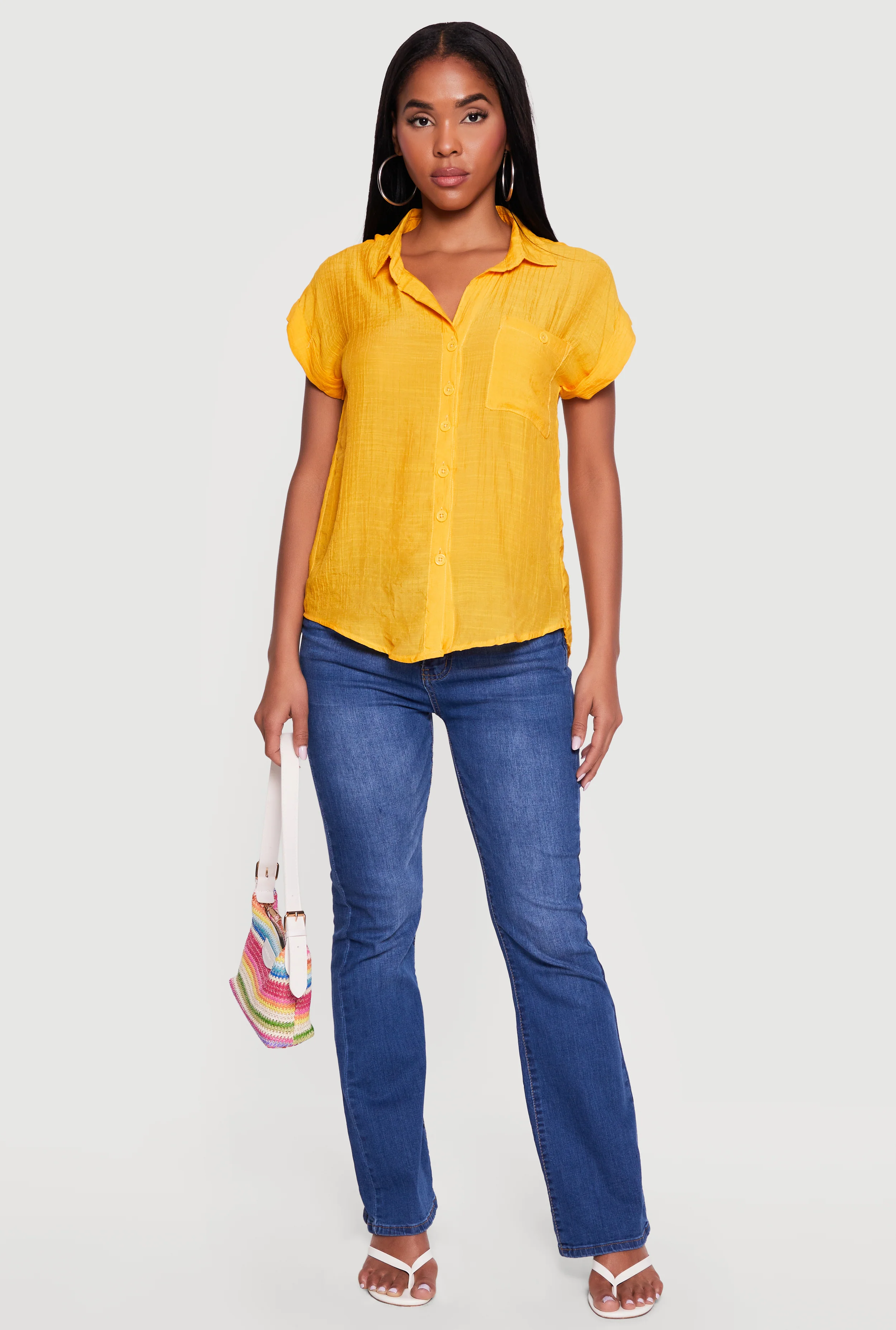Solid Gauze Knit Short Sleeve Button Front Shirt