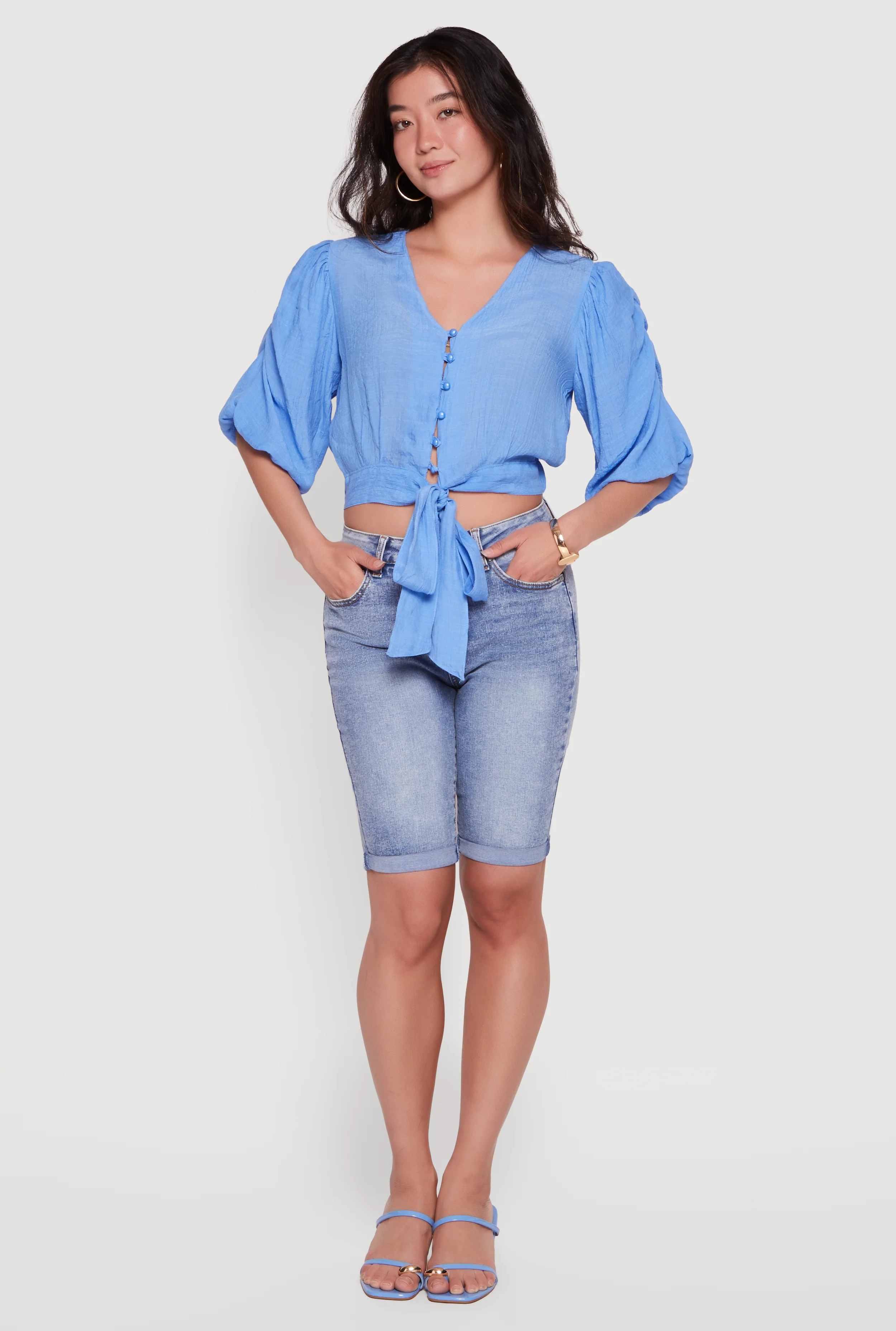Gauze Knit Ruched Bubble Sleeve Tie Front Blouse