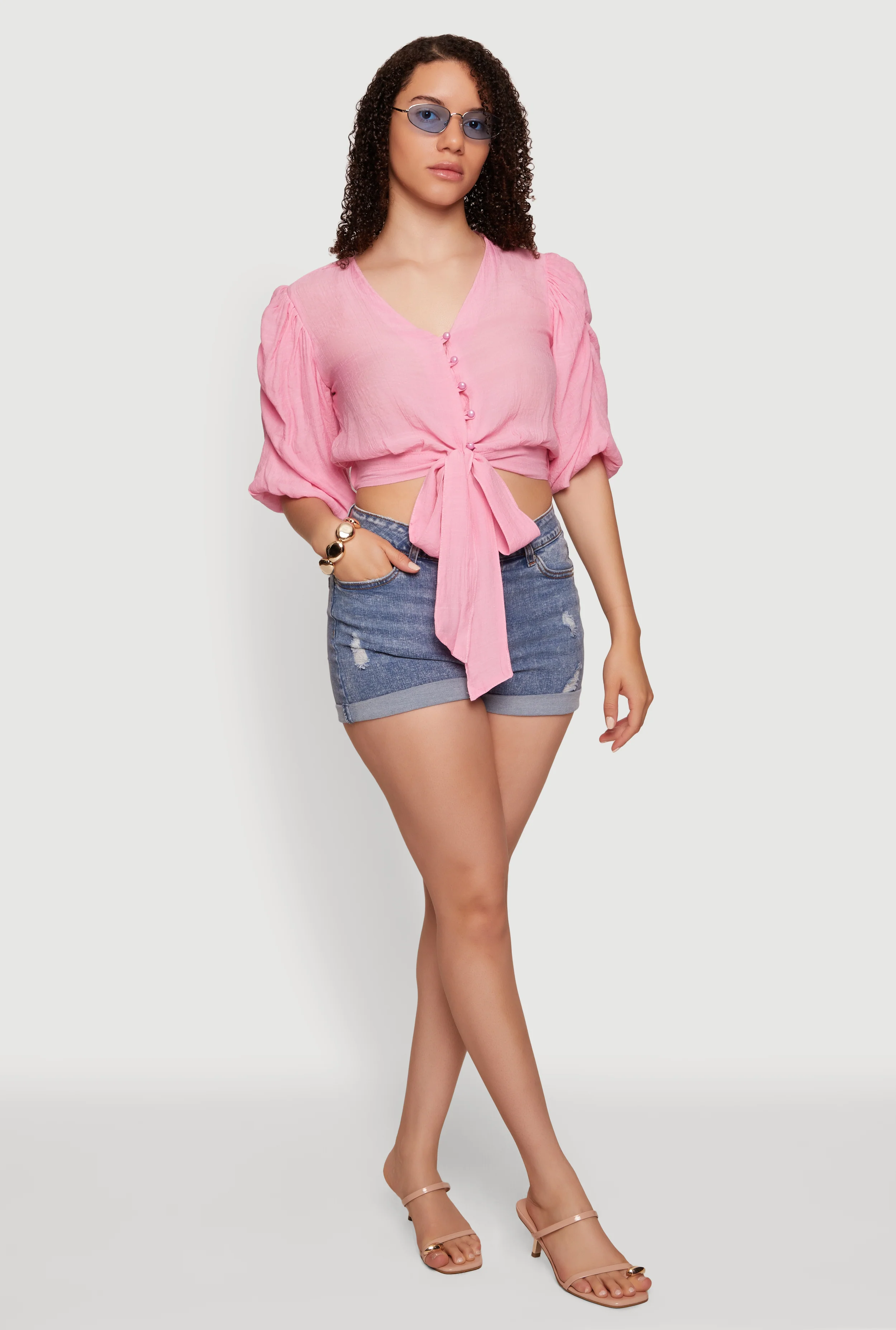 Gauze Knit Ruched Bubble Sleeve Tie Front Blouse