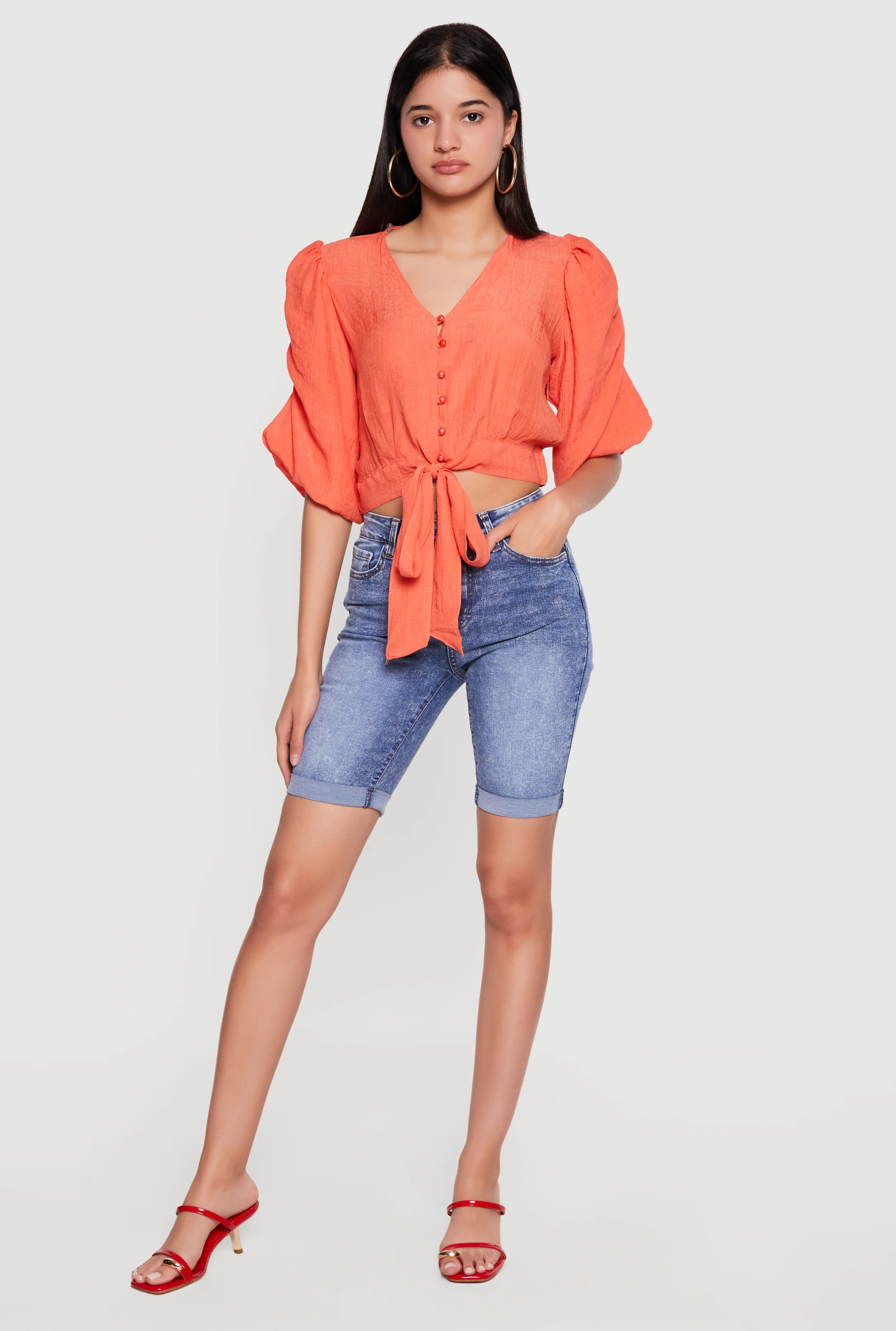 Gauze Knit Ruched Bubble Sleeve Tie Front Blouse