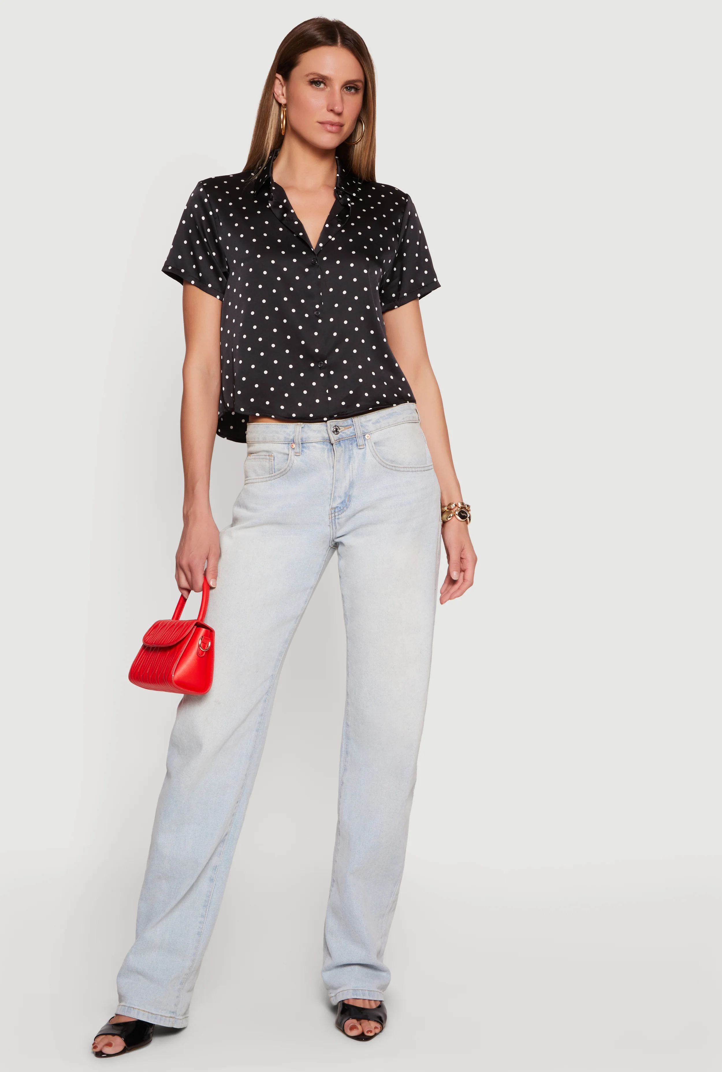 Polka Dot Satin Cropped Button Front Shirt