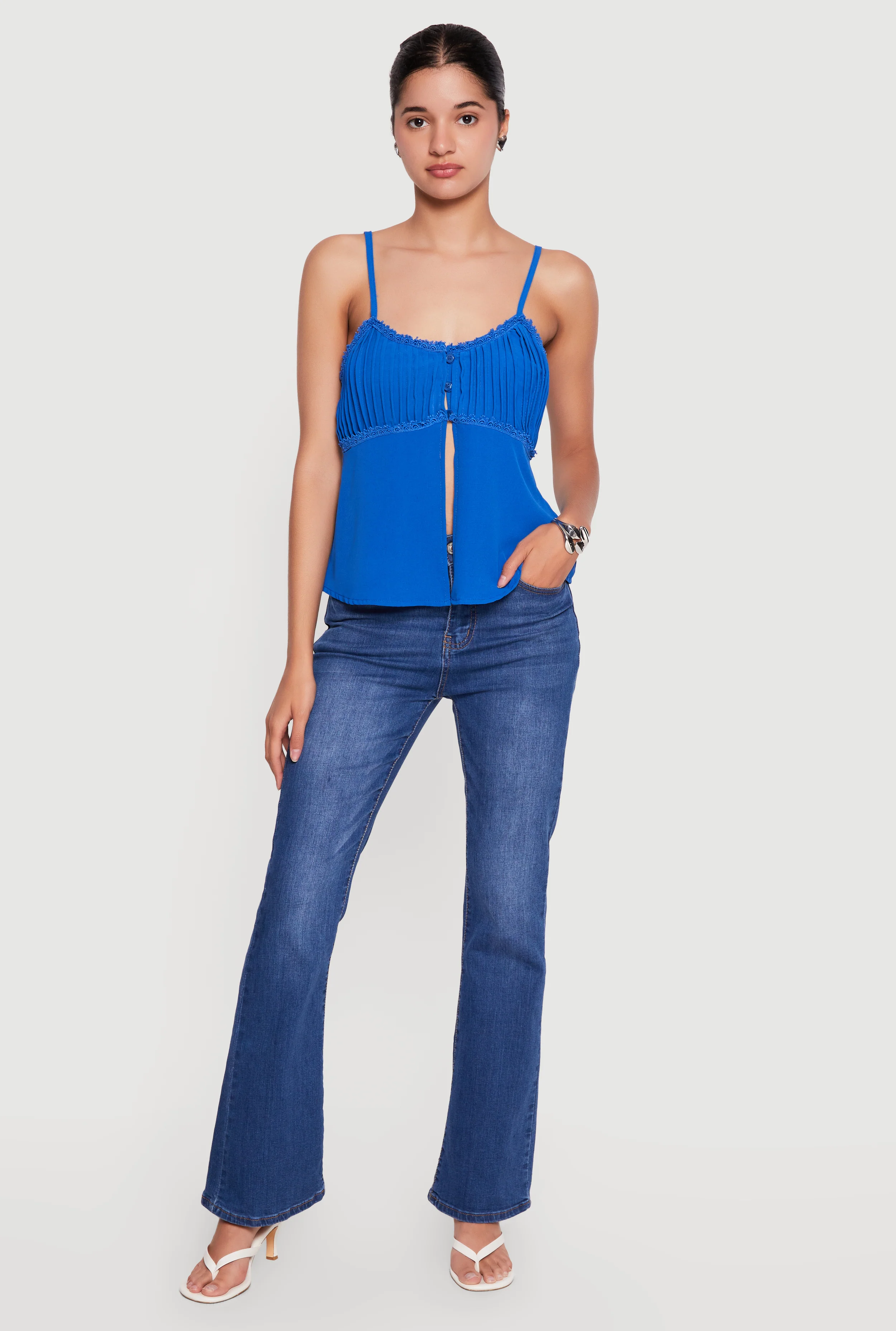 Pleated Crochet Trim Split Front Cami