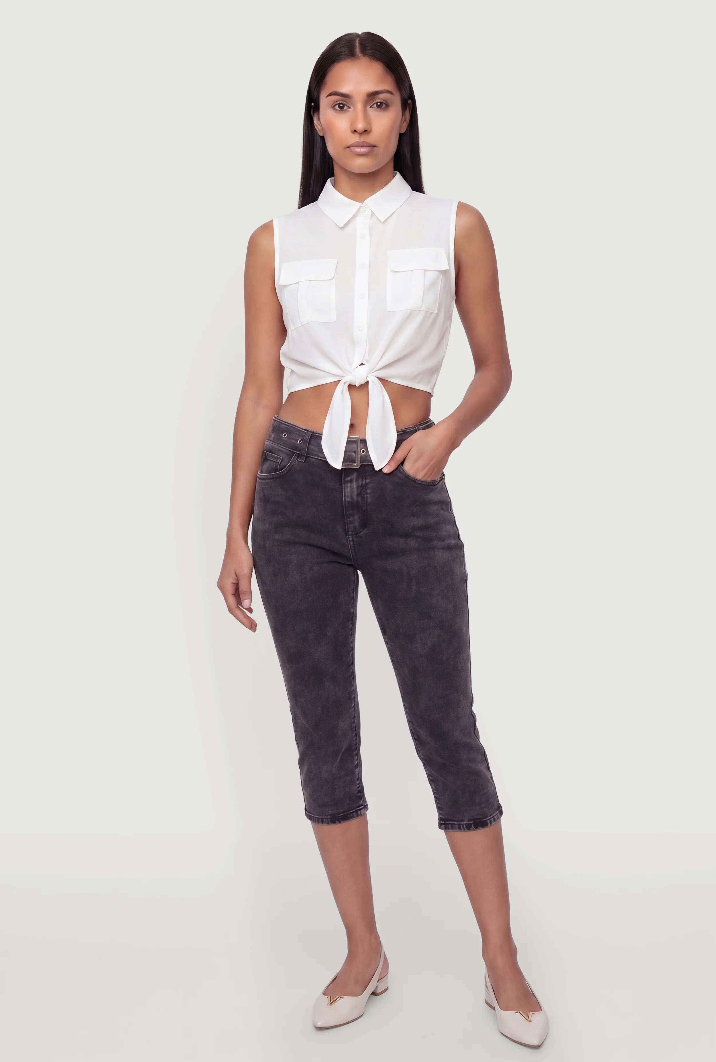 Sleeveless Button Front Cropped Tie Front Shirt