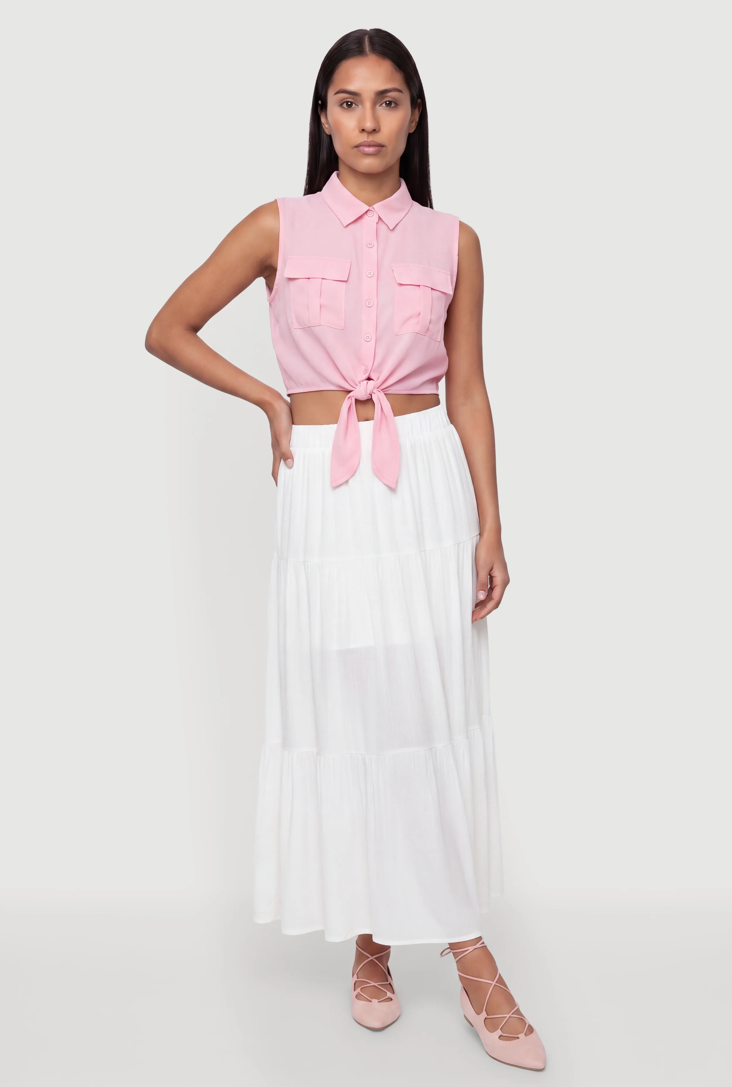 Sleeveless Button Front Cropped Tie Front Shirt