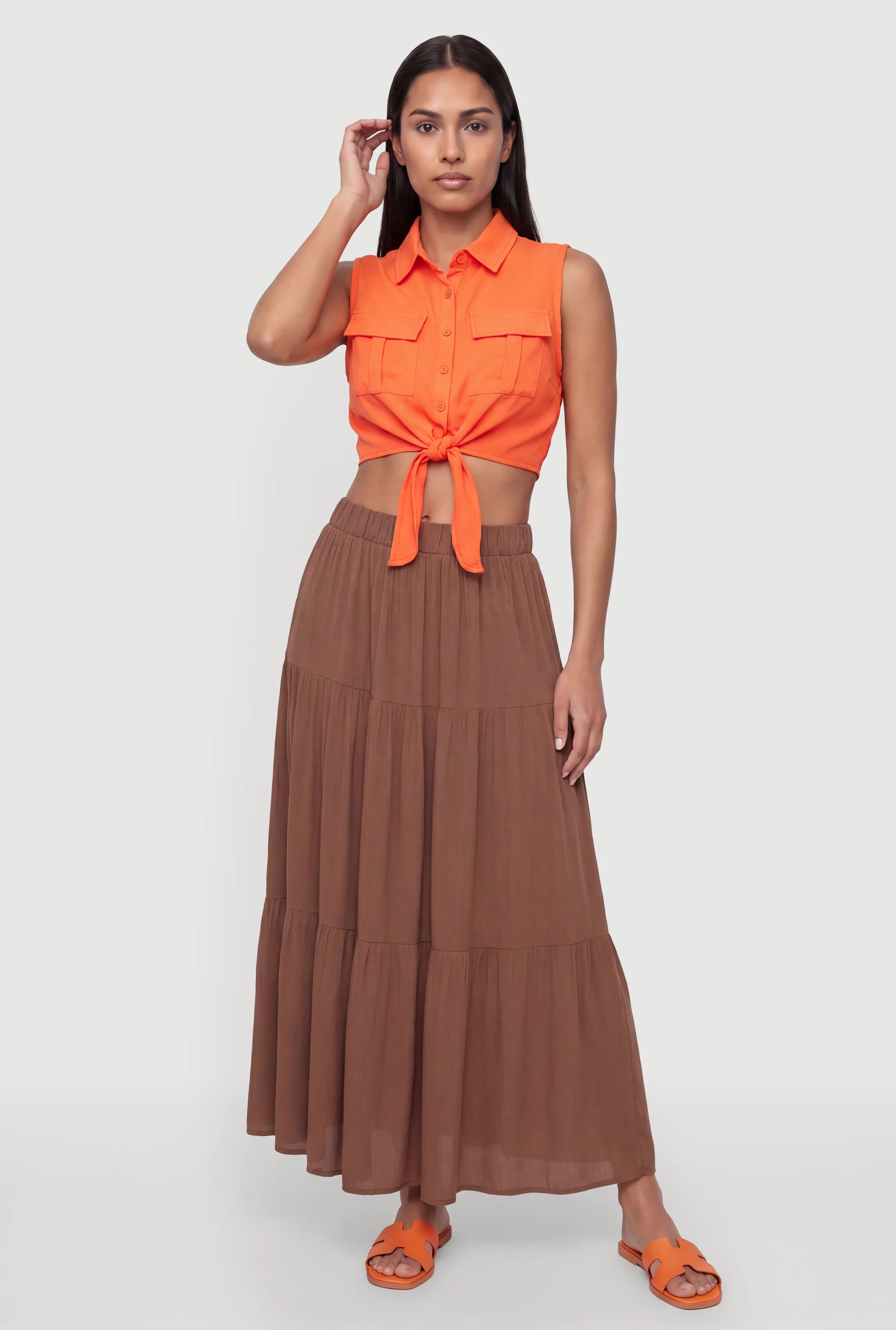Sleeveless Button Front Cropped Tie Front Shirt