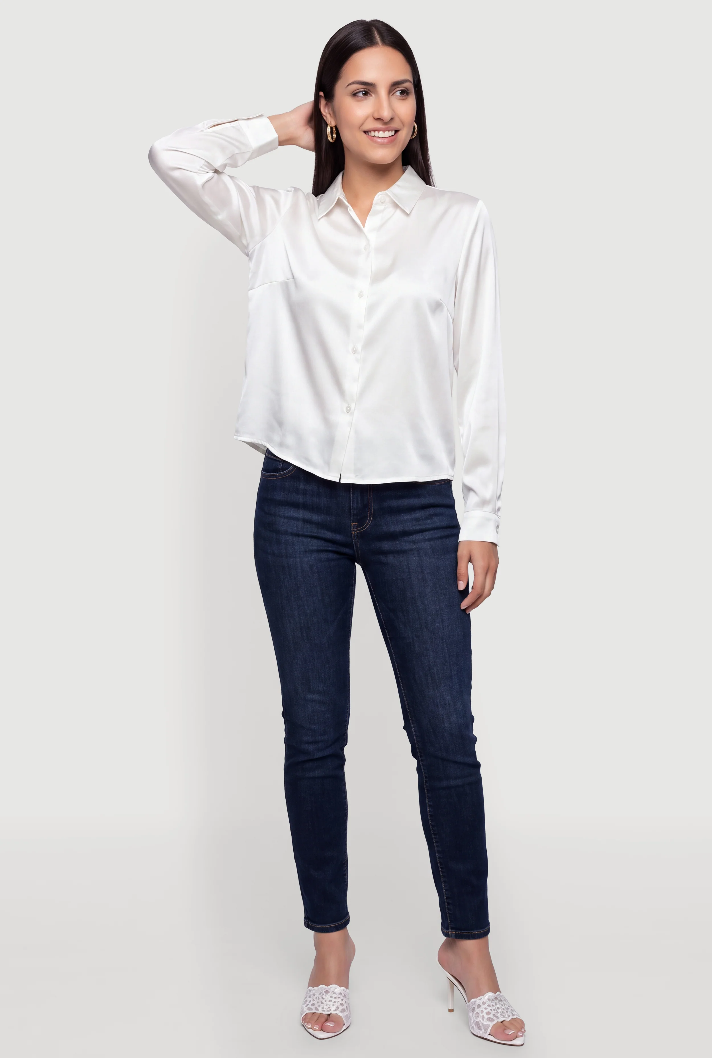 Long Sleeve Button Front Satin Shirt