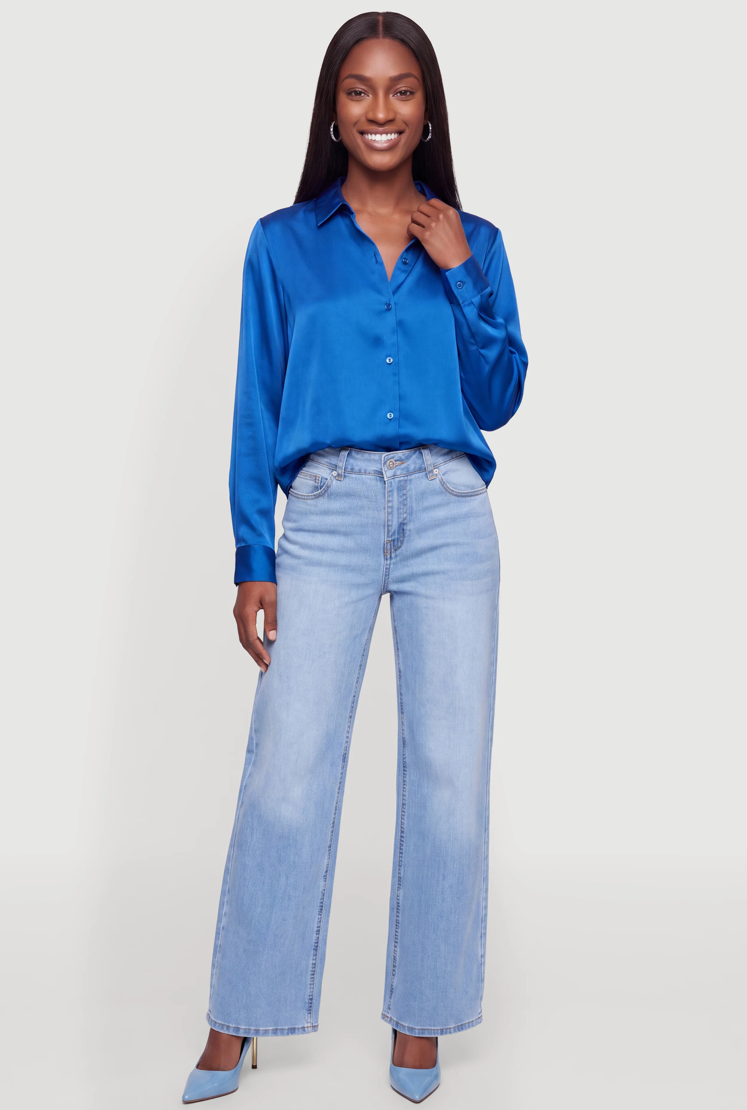 Long Sleeve Button Front Satin Shirt