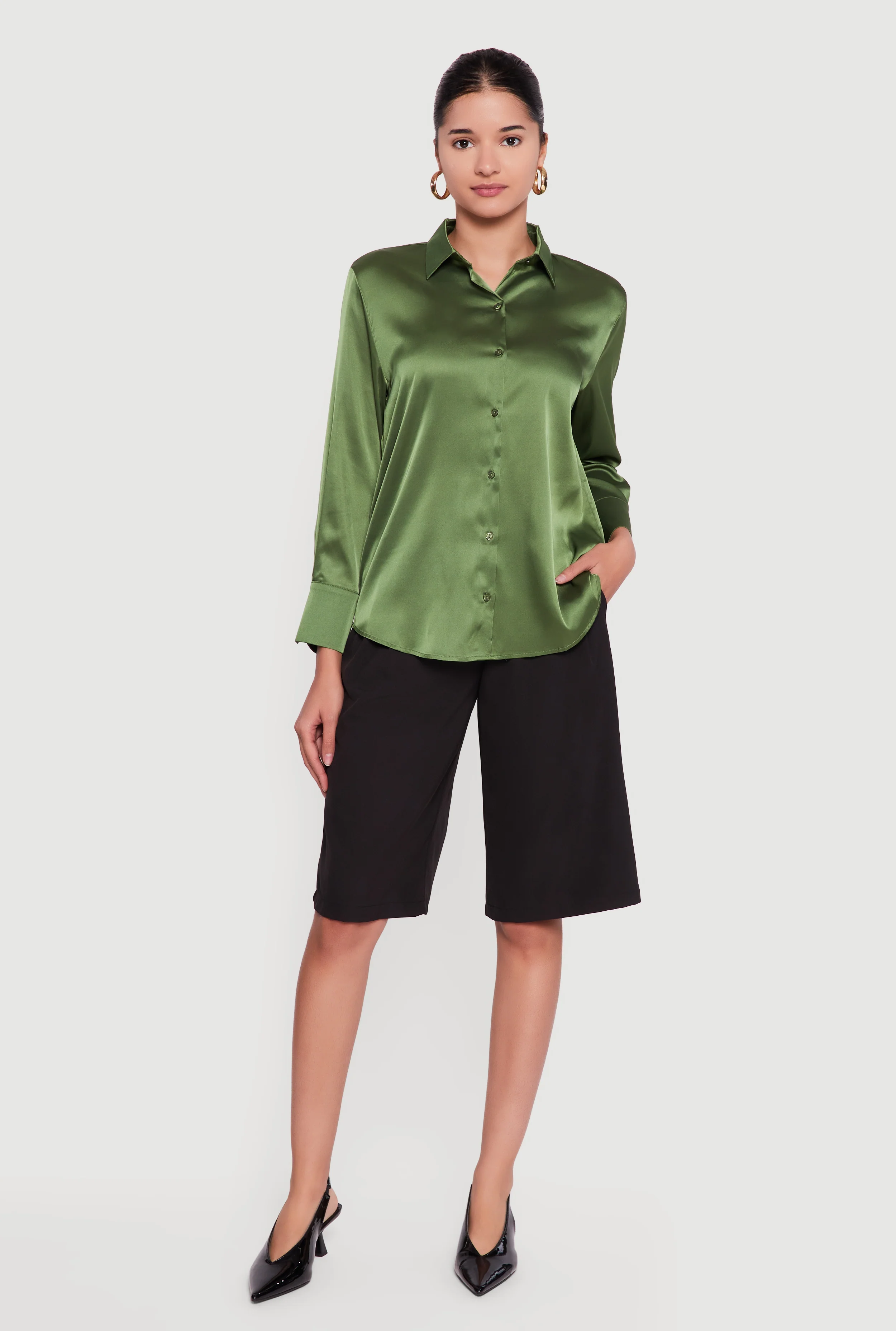 Satin Button Front Long Sleeve Shirt