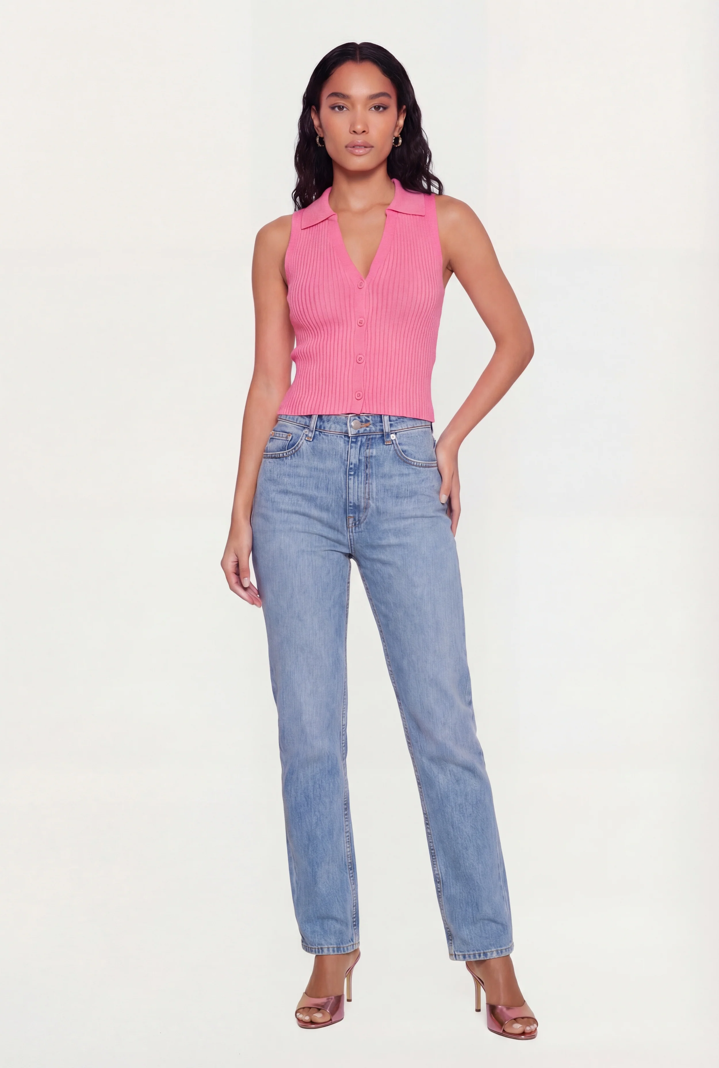 Rib Knit Button Front Collared Blouse