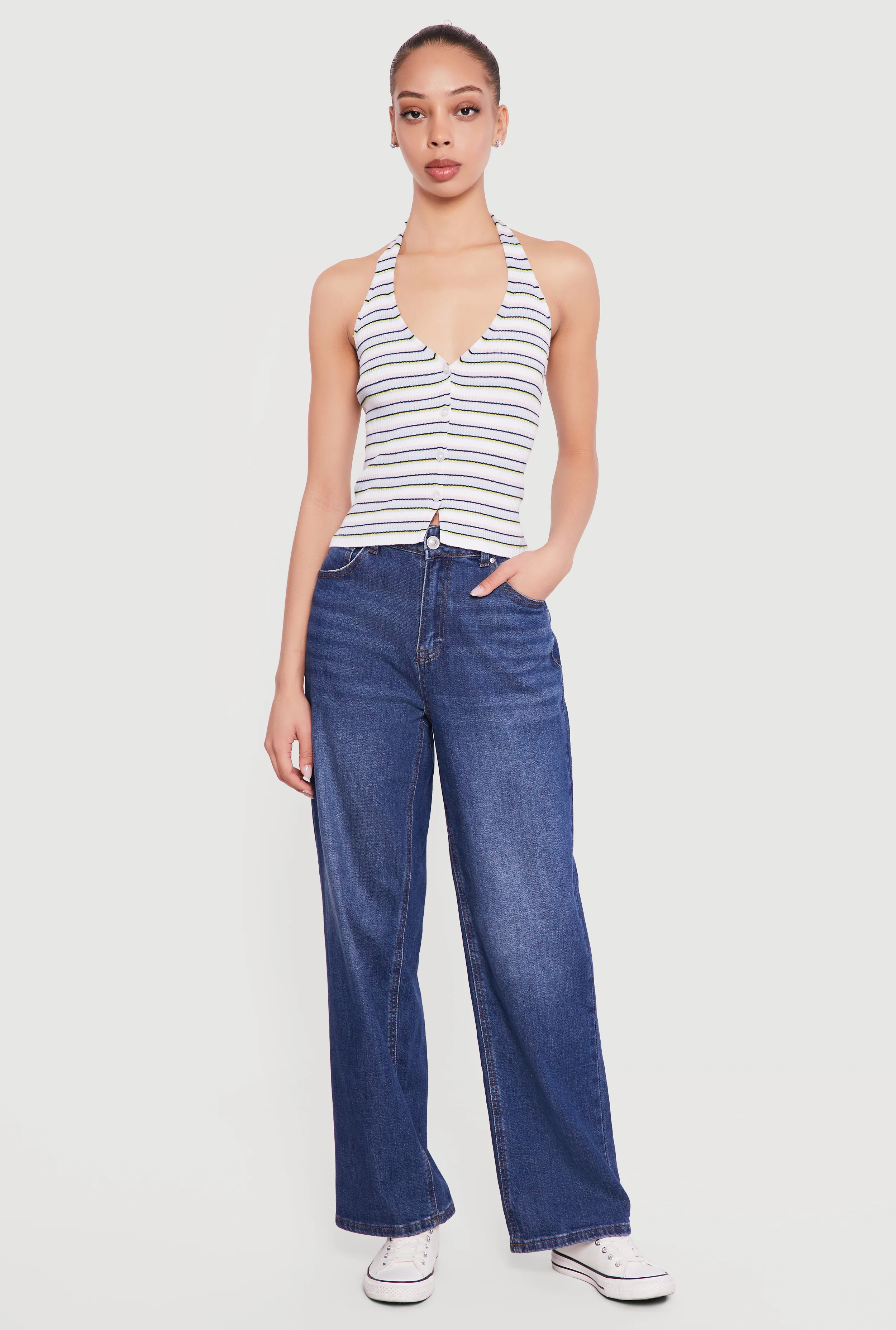 Striped Rib Knit Button Front Halter Top